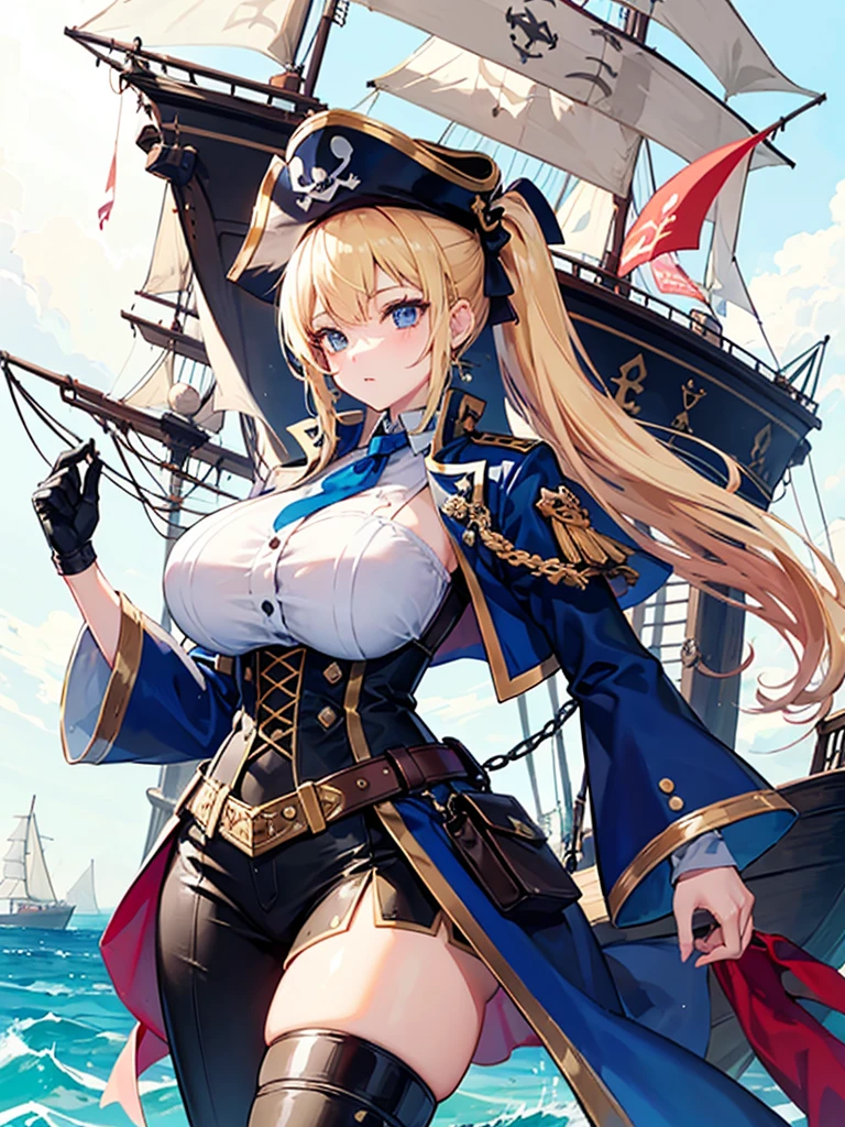 (((masterpiece、Highest image quality、highest quality、highly detailed unity 8kwallpaper)))、((Illustration of one girl))、(((beautiful girl)))、(fantasy、female pirate)、(blonde、short ponytail:1.2、light blue eyes)、(((The right arm is a steampunk-style prosthetic arm.)))、((tall))、bulky figure, massive frame, thick neck, sturdy arms, powerful legs、(captain's suit、Pirate hat、Blue coat)、pirate shipのデッキ、pirate ship、sailboat
