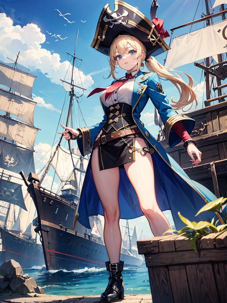 （（（masterpiece、Highest image quality、highest quality、highly detailed unity 8ｋwallpaper）））、（（Illustration of one girl））、（（（beautiful girl）））、（fantasy、female pirate）、（blonde、short ponytail：1.2、light blue eyes）、（（（The right arm is a steampunk-style prosthetic arm.）））、（（tall））、bulky figure, massive frame, thick neck, sturdy arms, powerful legs、（captain&#39;s suit、Pirate hat、Blue coat）、pirate shipのデッキ、pirate ship、sailboat