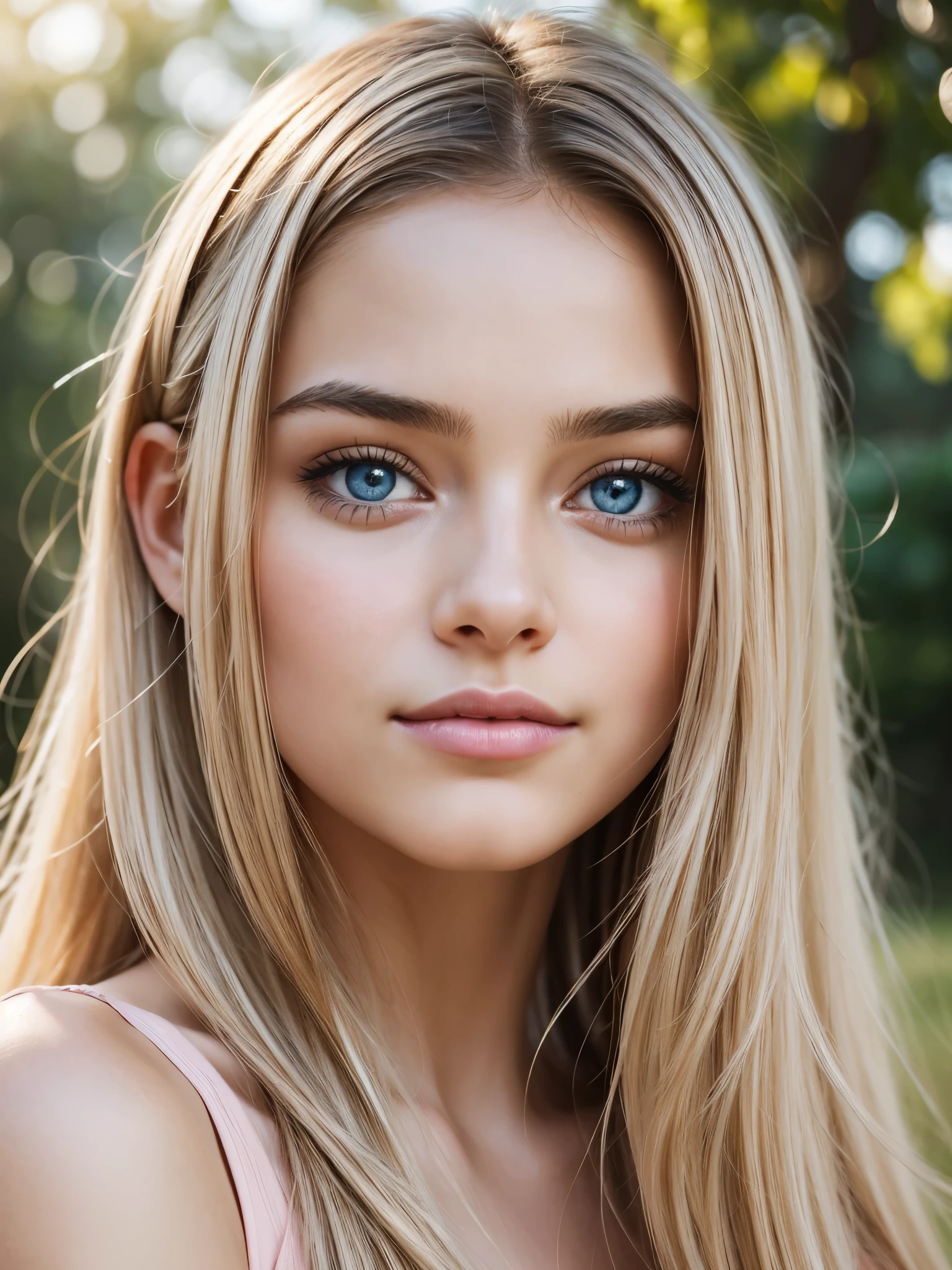 Create a close-up portrait of a young woman with a gentle expression and striking features. Her eyes are large and vividly blue, conveying a sense of warmth and friendliness. Her skin is flawlessly smooth, with a soft glow that suggests health and vitality. She has long, wavy hair in a vibrant shade of pastel pink that cascades around her face and shoulders, creating a playful yet serene frame for her face. The lighting in the image is soft, with a subtle bokeh effect in the background that provides a dreamy atmosphere. Highlights in her hair catch the light, adding depth and dimension to the portrait. She is leaning on her hand, her face partially resting against her palm, giving the portrait an intimate and relaxed feel.