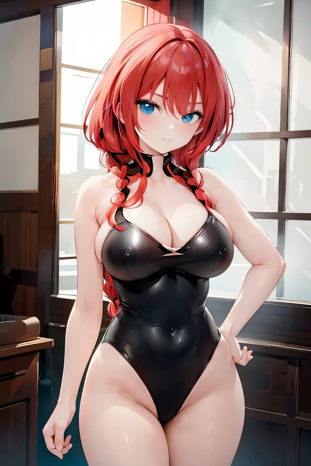 Redhead anime girl wearing a pink shiny latex swimsuit, 17 anos, corpo perfeito, seios grandes aredondados, red hair with braid, beautiful lighting, olhos azuis, pernas bonitas, hair with a braid, estilo anime, Ranma Chan, Autora Rumiko Takahashi, Baseado em obra de Rumiko Takahashi, Anime ranma 1/2, big , seios grandes e redondos, decote sexy, quadril robusto, bunda grande, seios volumosos, mostrando seios, seios redondos, grandes seios bola