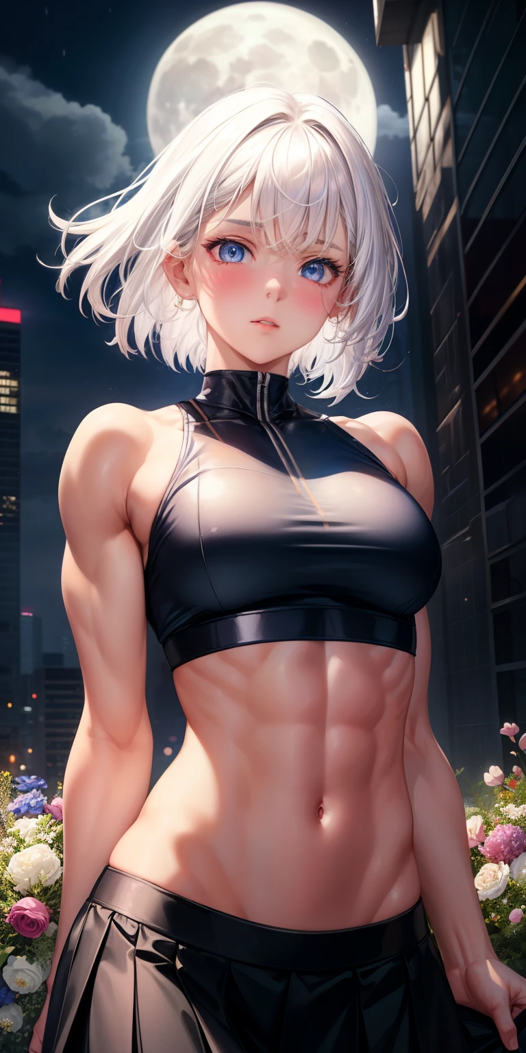 actual, 1 girl, white hair, blue eyes, glowing eyes, crop top, skirt, open lips, blush, Gym, flowers, night, moonlight, abdominal muscles, muscle , biceps