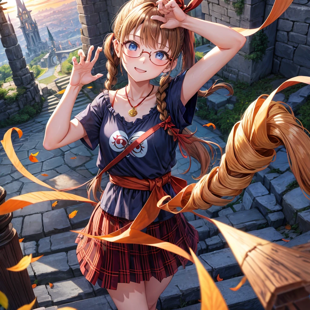 reddish-brown blonde、blue hair、blue eyes、ponytail、Braid、one good looking girl、solo、anime、Plaid miniskirt、camisole、black t-shirt、Tilting your face、Doing the ribbon、Ribbon at waist、sunset sky、stone stairs、tunnel、Fallen leaves、wearing glasses、Light and shadow、maze、monster castle、lanthanum、corridor、One leg is raised、pinwheel、castle floating in the air、7 cylinders、Jewelry box