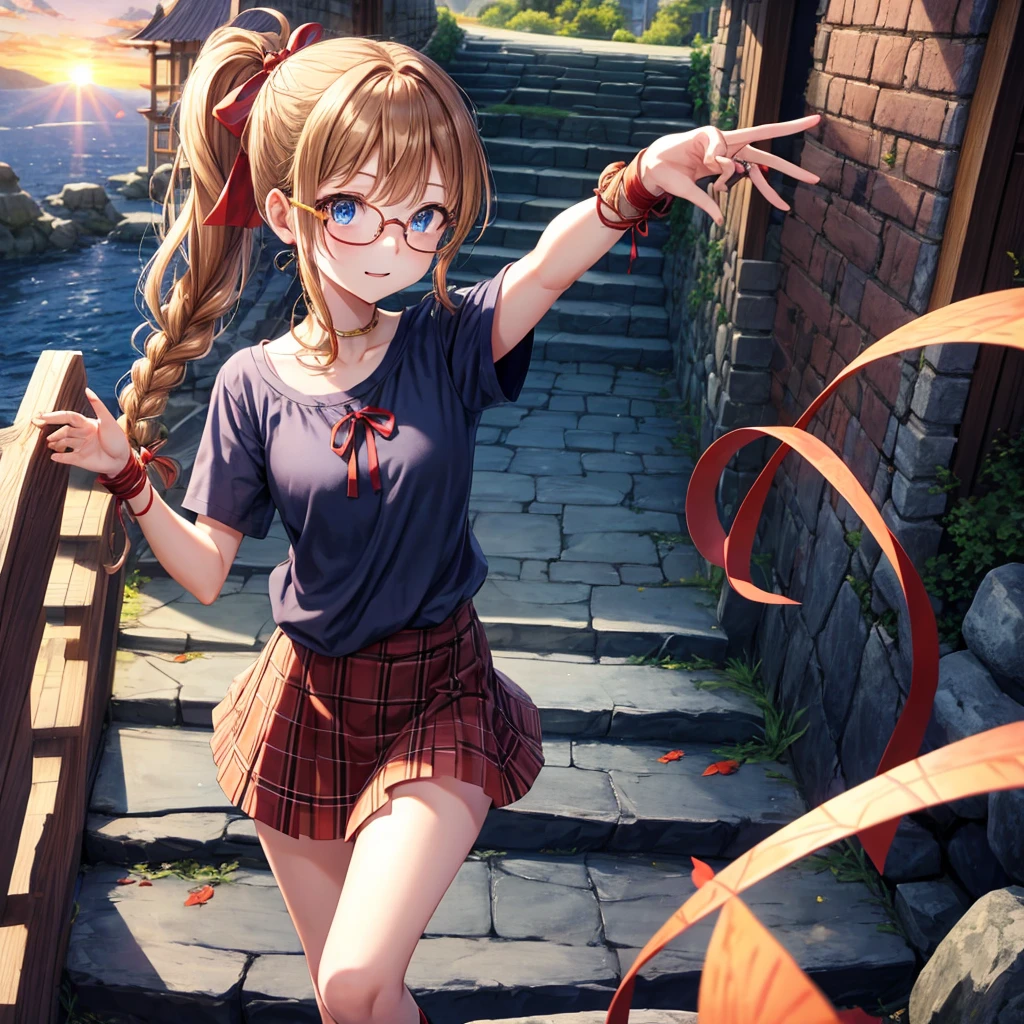 reddish-brown blonde、blue hair、blue eyes、ponytail、Braid、one good looking girl、solo、anime、Plaid miniskirt、camisole、black t-shirt、Tilting your face、Doing the ribbon、Ribbon at waist、sunset sky、stone stairs、tunnel、Fallen leaves、wearing glasses、Light and shadow、maze、monster castle、lanthanum、corridor、One leg is raised、pinwheel、castle floating in the air、7 cylinders、Jewelry box