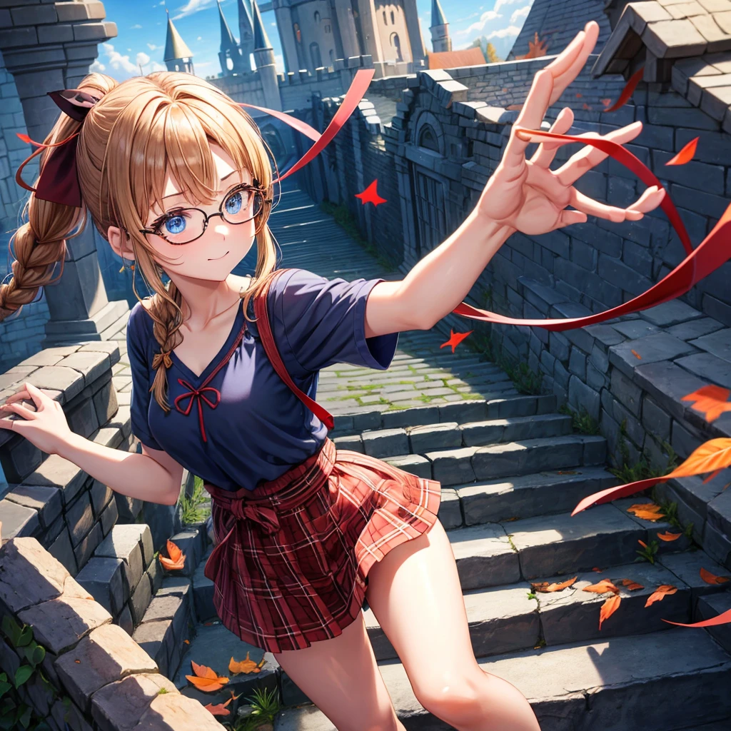 reddish-brown blonde、blue hair、blue eyes、ponytail、Braid、one good looking girl、solo、anime、Plaid miniskirt、camisole、black t-shirt、Tilting your face、Doing the ribbon、Ribbon at waist、sunset sky、stone stairs、tunnel、Fallen leaves、wearing glasses、Light and shadow、maze、monster castle、lanthanum、corridor、One leg is raised、pinwheel、castle floating in the air、7 cylinders、Jewelry box