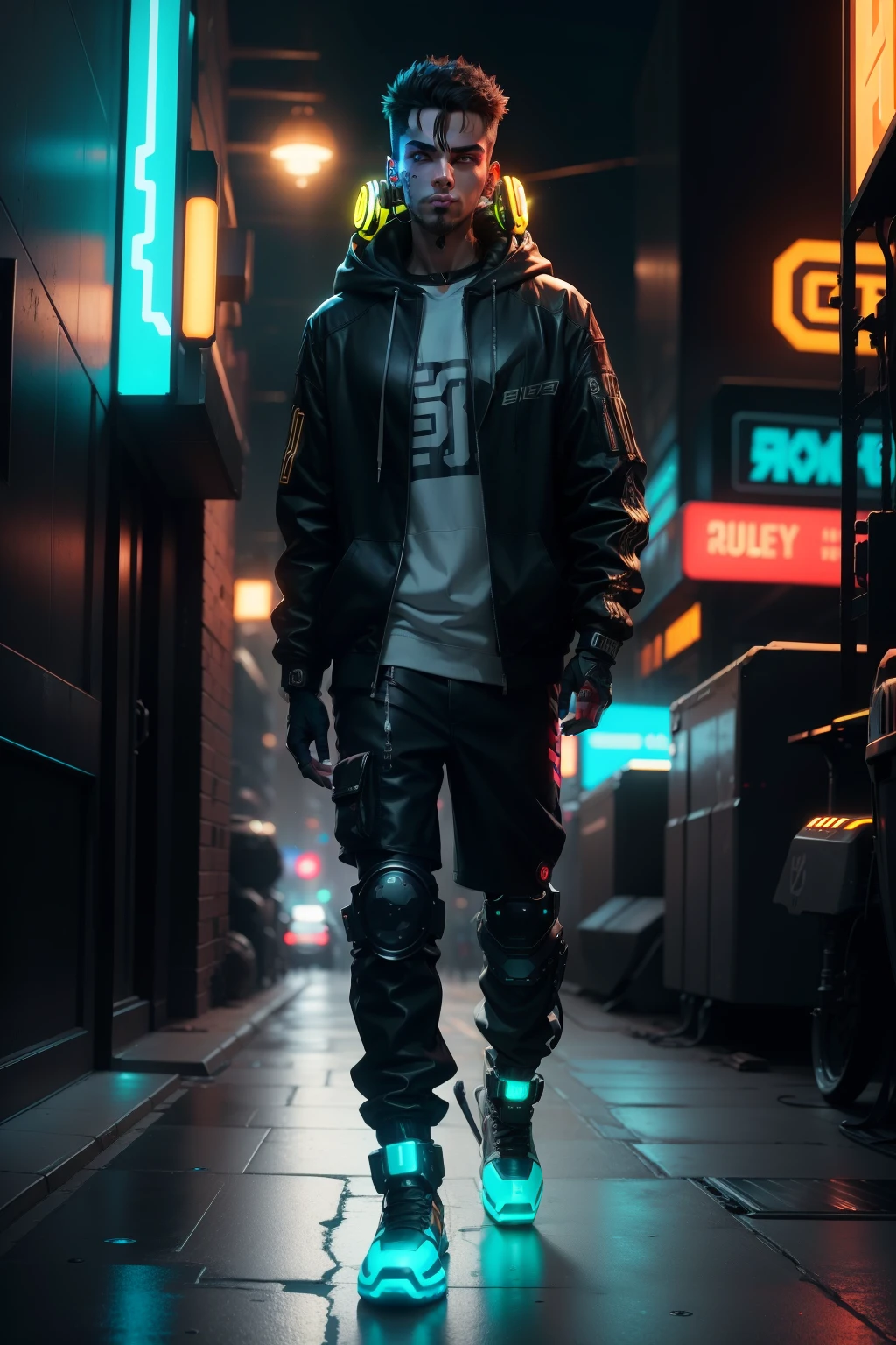 In the heart of a gritty, neon-lit cyber punk city, a guy with a distinct style identity stands out against the gritty backdrop. His silhouette is outlined by the pulsating city lights, casting an elongated shadow in the 9:16 format. He dons a hoodie, adorned with intricate pixel patterns and glowing circuits, while cybernetic enhancements augment his eyes, giving them an otherworldly glow. A pair of headphones covers one ear, pumping out beats that resonate with every rhythmic tap of his metallic boots against the pavement. His hands are encased in fingerless gloves, each finger sporting a glowing keyp