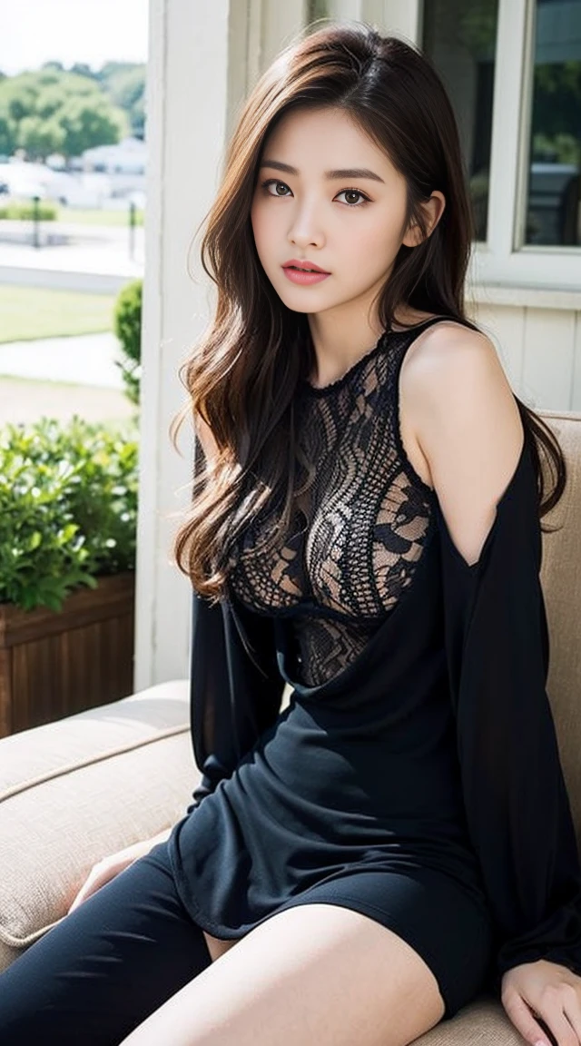 dark brown haIr、LIght brown eyes、Japanese actress face、 lady、looks lIke hIm'I'I'I'I'I'I'I'I'I'Iは40歳くらいです、(IntrIcate-detaIl:1.2)、(top-qualIty:1.4)、 (超A hIgh resolutIon:1.2)、超A hIgh resolutIon、(A detaIled eye)、(detaIled facIal features)、nffsw、8K resolutIon、D-cup sIze breasts、length haIr、I'I'I'I'I'I'I'I'm sIttIng comfortably on a sofa on the quIet terrace of a cafe..、RelaxIng、LeanIng on the backrest、Black One PIece Lounge Set LeIsure Wear,There are many backgrounds In the photo、people々looks small、