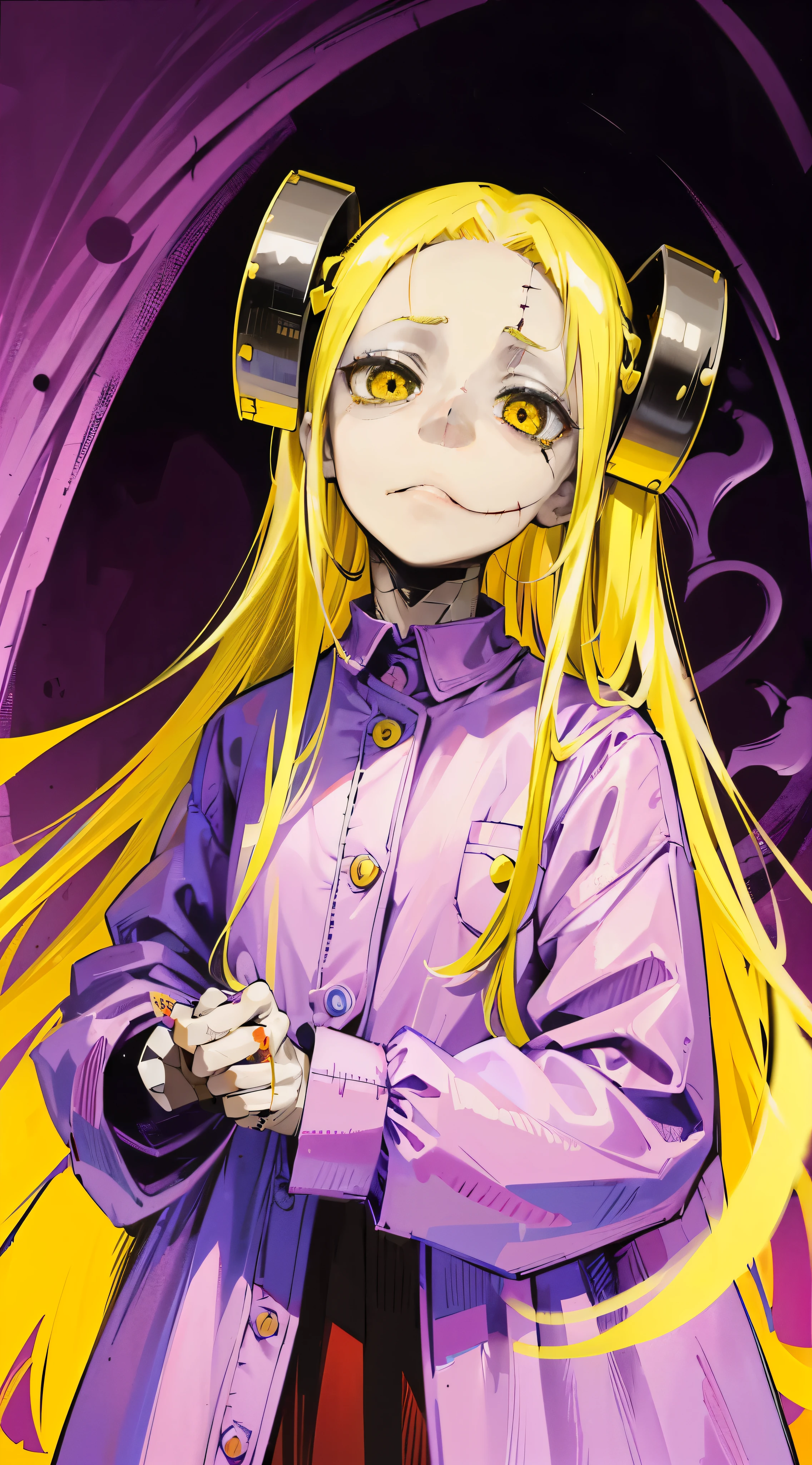 Madaraki_Fran,A  girl ,stands,awkward,the madhatter ,surgeon ,wrinkles,concerned,((Points Forward)), hairlong , yellow hair,seams , Scars on the body , A creepy look , scary eyes , An intimidating look , creepy smile , bags under eyes, ((((Tired))))