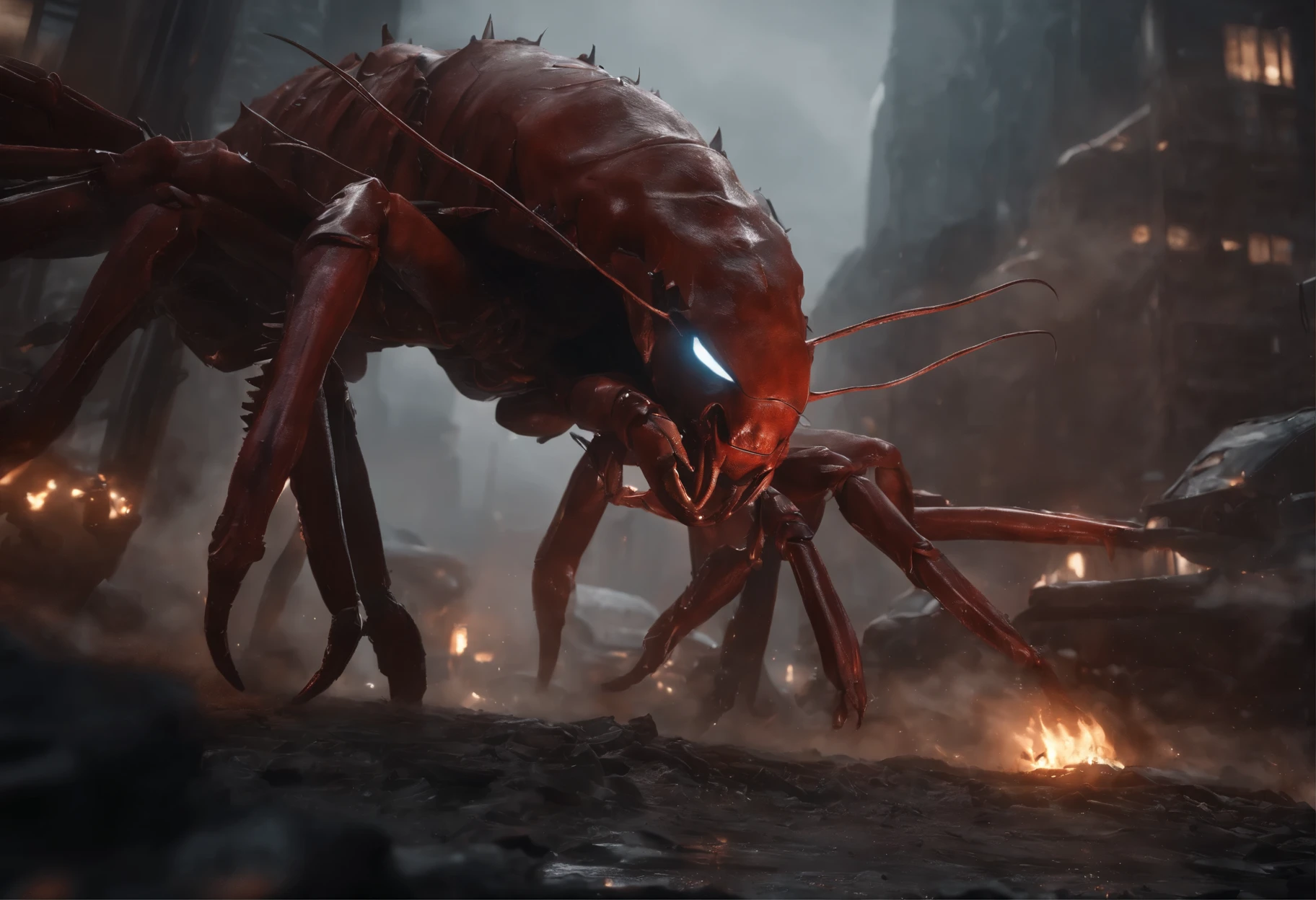 Cinematic image effects，Invading aliens，Invasive crayfish，Huge pliers，uncanny，blood vess，，Murderous，Full body like，combats，The city was destroyed，Scattered crowds for their lives，blasts，fire glow，废墟，of a real，Facial features are carefully depicted，Realistic skin texture，Dark style，depth of fields，high light，Real light，Ray traching，oc rendered，Hyper-realistic，best qualtiy，8K，Works of masters，super-fine，Detailed pubic hair，Correct anatomy，sharp focus on eyes，Bokeh，Facial features are carefully depicted
