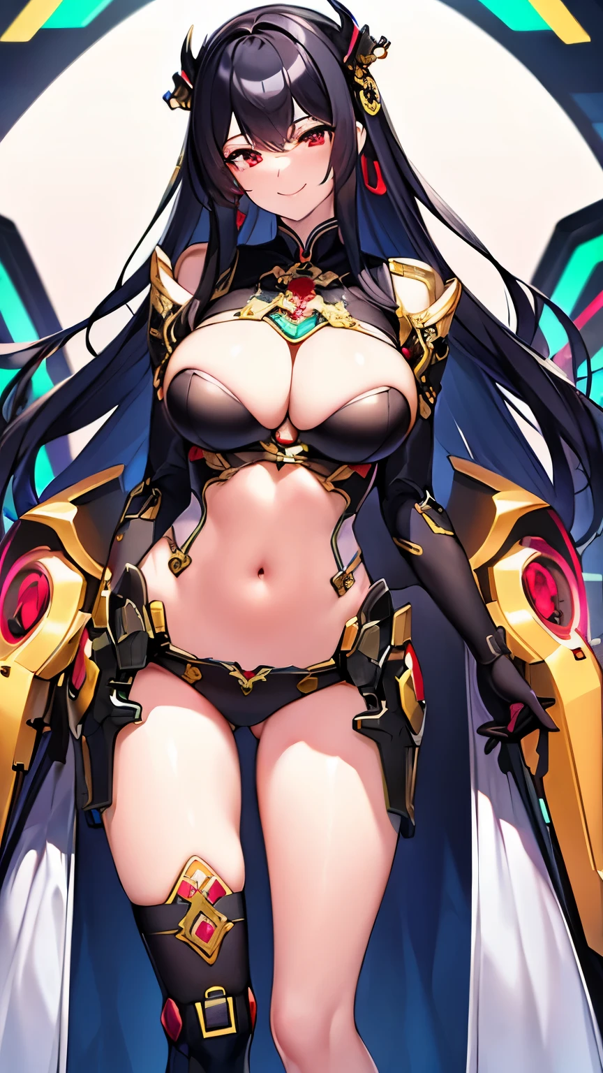 ((Masterpiece, Best Quality)), ((May God), (Beidou)), Illustration, Ultra-detailed 8K, Realistic, Clear Focus, Highly Detailed, Professional Lighting, Colorful Details, Rainbow Colors BREAK Factory Super Long Shot, (1 Large Mechanical Robot), Microchip, Computer, Glow, Intricate Details, Shitu-Mecha, 1girl Downscale Standing in front of the Audience, Navel, (Smug Smile), (Long Black Hair), Single Eye Patch