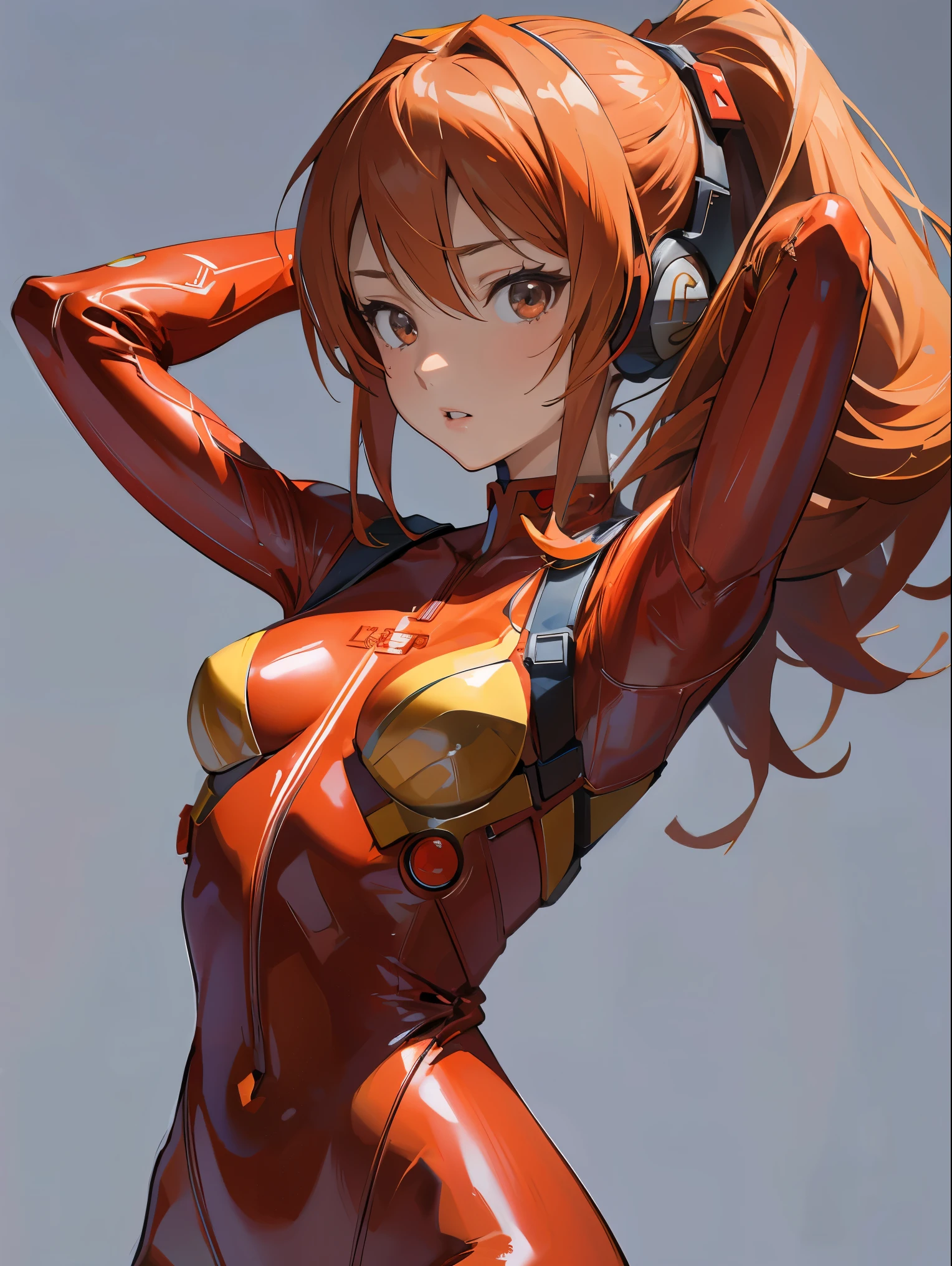 Souryu Asuka Langley, (masutepiece, Best Quality, Detailed), 1girl in, Solo, Arms behind your head, Cowboy Shot, Interface headset, Red bodysuit, Simple background.