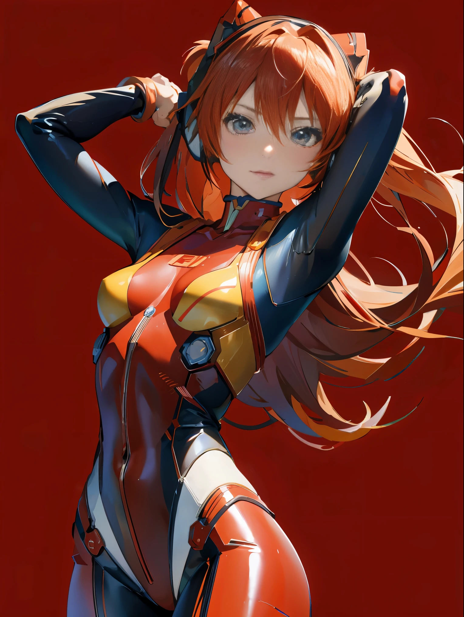 Souryu Asuka Langley, (masutepiece, Best Quality, Detailed), 1girl in, Solo, Arms behind your head, Cowboy Shot, Interface headset, Red bodysuit, Simple background.