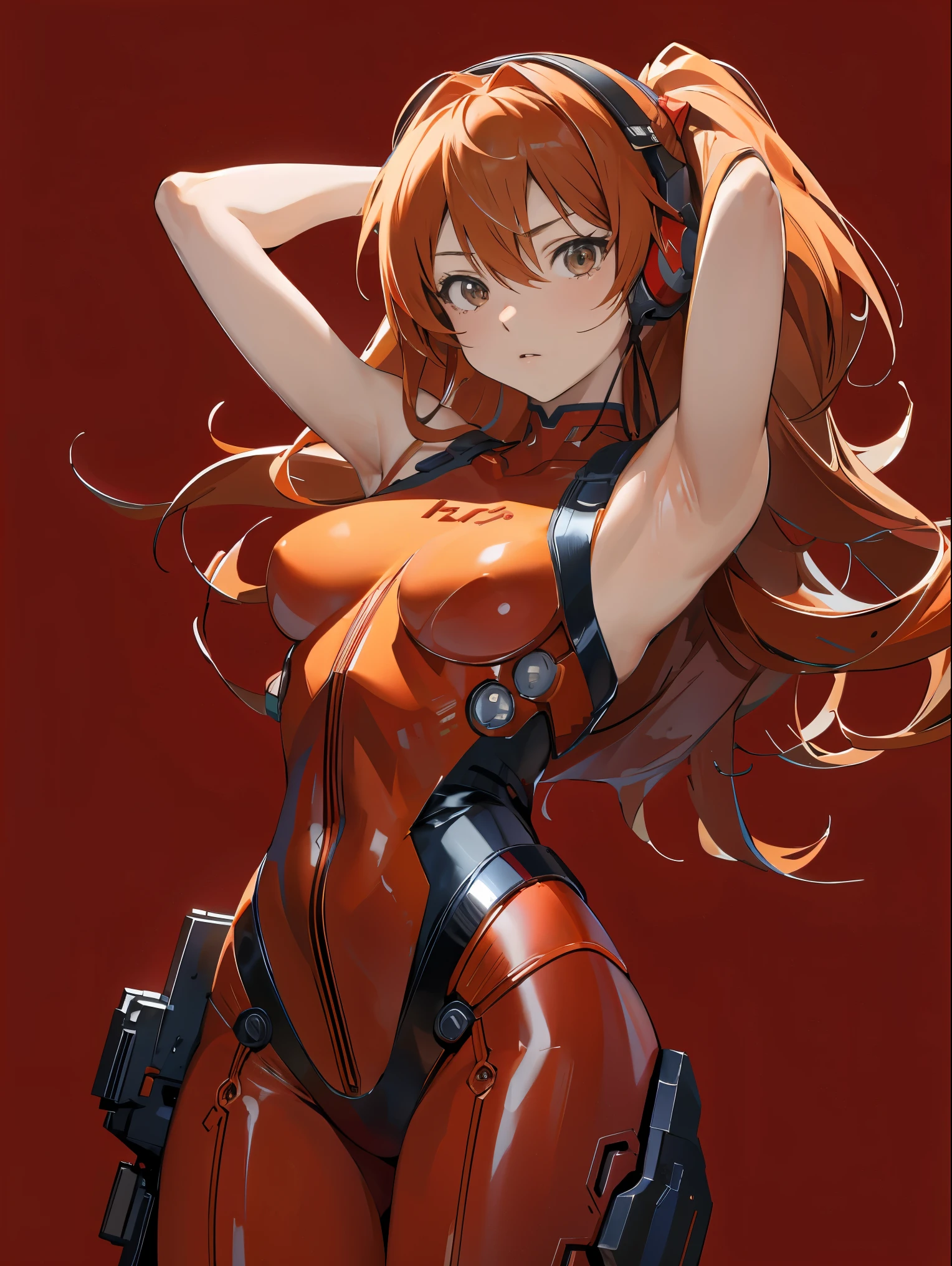Souryu Asuka Langley, (masutepiece, Best Quality, Detailed), 1girl in, Solo, Arms behind your head, Cowboy Shot, Interface headset, Red bodysuit, Simple background.