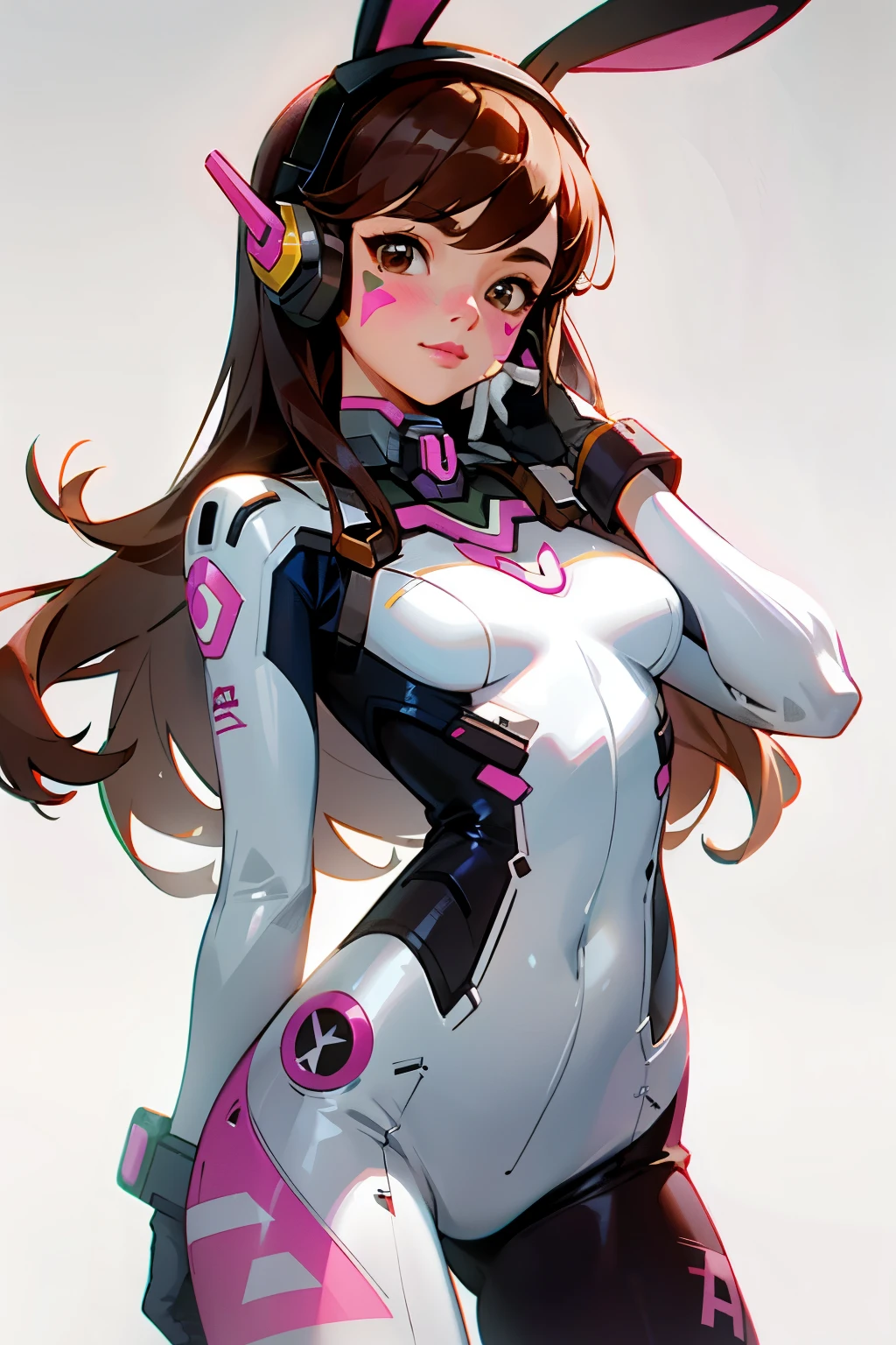 masterpiece, best quality,1girl, d.va (overwatch), solo, long hair, whisker markings, bodysuit, brown hair, facial mark, gloves, breasts, brown eyes, pilot suit, cowboy shot, headphones, white gloves, medium breasts, swept bangs, skin tight, animal print, bangs, bunny print, ribbed bodysuit, facepaint, pink lips,(grey background:1.2),simple background, (kbxll:0.6)