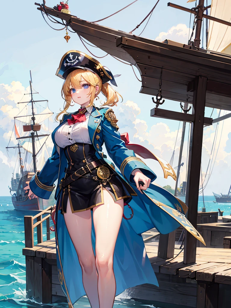 (((masterpiece、Highest image quality、highest quality、highly detailed unity 8kwallpaper)))、((Illustration of one girl))、(((beautiful girl)))、(fantasy、female pirate)、(blonde、short ponytail:1.2、light blue eyes)、(((The right arm is a steampunk-style prosthetic arm.)))、((tall))、bulky figure, massive frame, thick neck, sturdy arms, powerful legs、(captain's suit、Pirate hat、Blue coat)、standing on the pier、pirate ship、sailboat