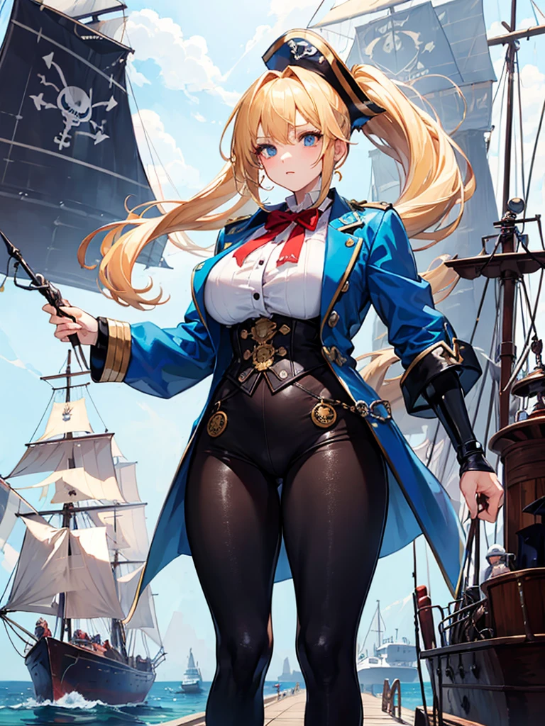 （（（masterpiece、Highest image quality、highest quality、highly detailed unity 8ｋwallpaper）））、（（Illustration of one girl））、（（（beautiful girl）））、（fantasy、female pirate）、（blonde、short ponytail：1.2、light blue eyes）、（（（The right arm is a steampunk-style prosthetic arm.）））、（（tall））、bulky figure, massive frame, thick neck, sturdy arms, powerful legs、（captain&#39;s suit、Pirate hat、Blue coat）、standing on the pier、pirate ship、sailboat