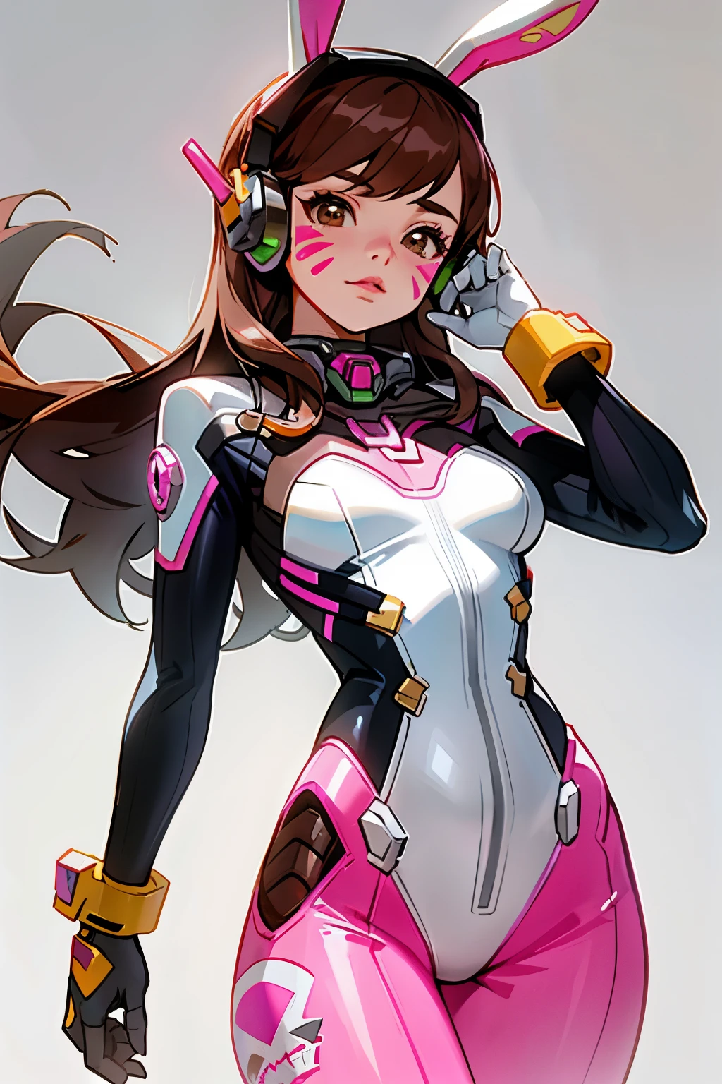 masterpiece, best quality,1girl, d.va (overwatch), solo, long hair, whisker markings, bodysuit, brown hair, facial mark, gloves, breasts, brown eyes, pilot suit, cowboy shot, headphones, white gloves, medium breasts, swept bangs, skin tight, animal print, bangs, bunny print, ribbed bodysuit, facepaint, pink lips,(grey background:1.2),simple background, (kbxll:0.6)
