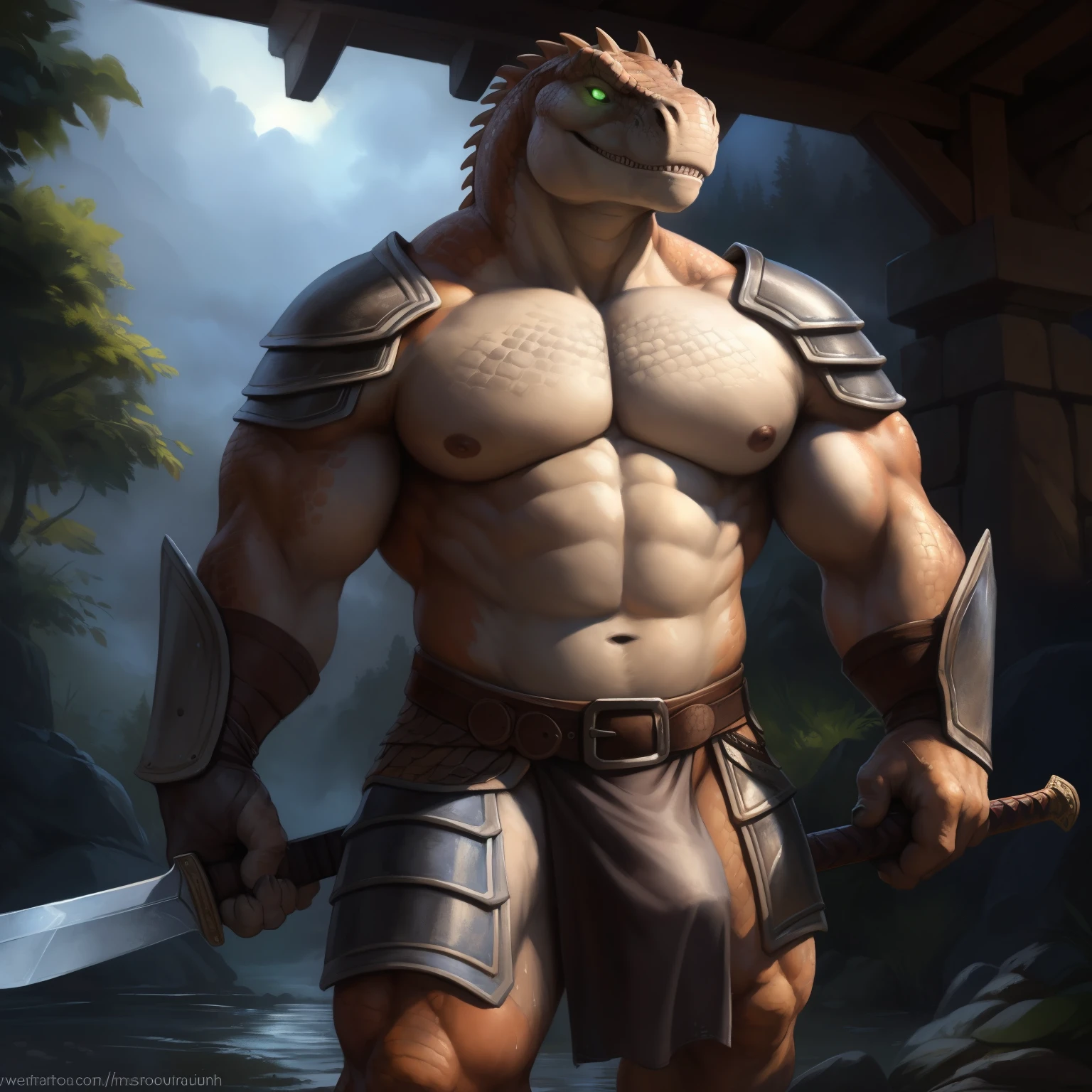 standing, stone wall, distant water, clouds, penis outline, (ultra detailed), a beautiful and detailed full size portrait of a male anthro dinosaur, (scales, detailed scales, muscle anthro, buff, big pecs, gladiator armor), black loincloth, big crotch, armor leg wear, armor gloves, holding sword, glowing eyes, green eyes (glowing), non-mammal breasts, looking at viewer, bedroom_eyes, detailed eyes, big body, sexy body, goddess, big crotch, crotch apron, balls outline, sword belt, kenket, Ross Tran,ruan jia, trending on artstation,foxovh, cenematic lighting, big breaths, big , hands on chest, smile, detailed background, night, third person view, close up view, front view, empty eyes, foreskin, tan body, tan scales, empty eyes, wet, night, big body, translucent loincloth, unconvincing armor, warrior, thick thighs
