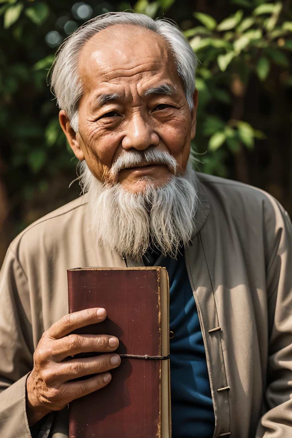 An old man with traditional Chinese thoughts，Real frontal photos，Authentic background，The background is nature，Holding a book，worn-out clothing，The face is covered with wrinkles，80-year-old man，insight，The beard has turned white，male，country style