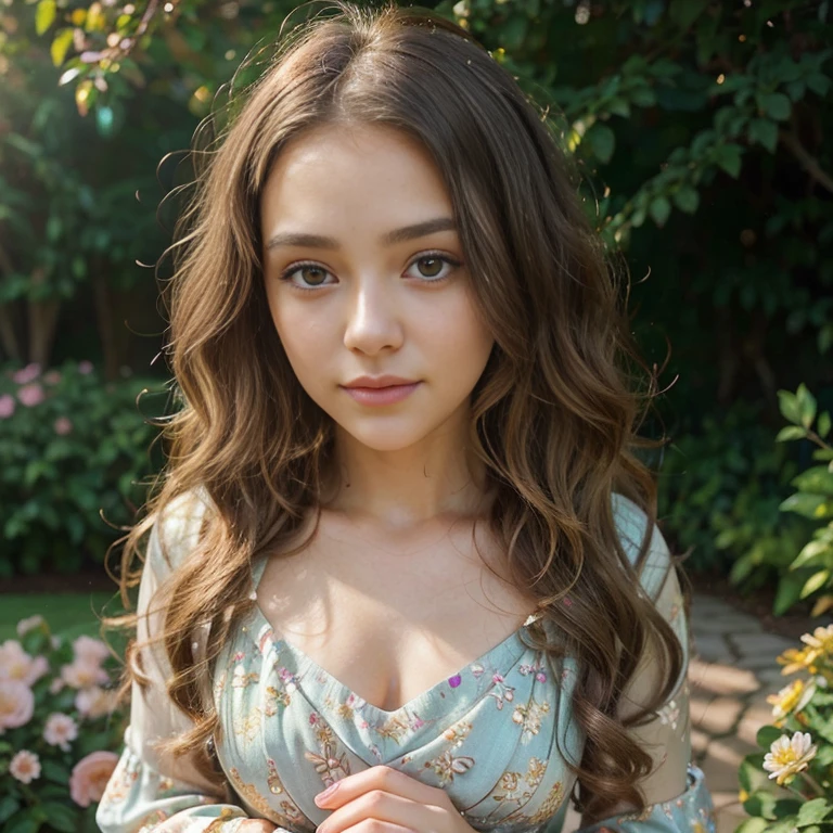 (a girl with flower),beautiful detailed eyes,beautiful detailed lips,extremely detailed eyes and face,longeyelashes,soft delicate skin shiny,rosy cheeks,flowing curly hair,gorgeous floral dress,vibrant and colorful,sparkling golden sunshine,peaceful garden setting