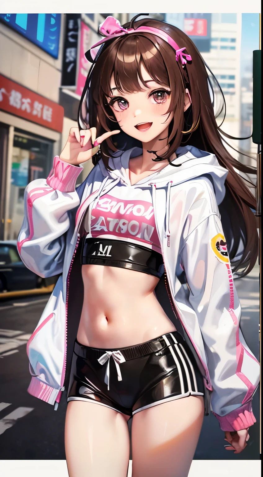 masterpiece, best quality, highres, 1girl, kizuna ai, small breasts ,long hair, brown hair, multicolored hair, floating hair, pink hairband, pink highlights, streaked hair, smiling, crop hoodie, navel