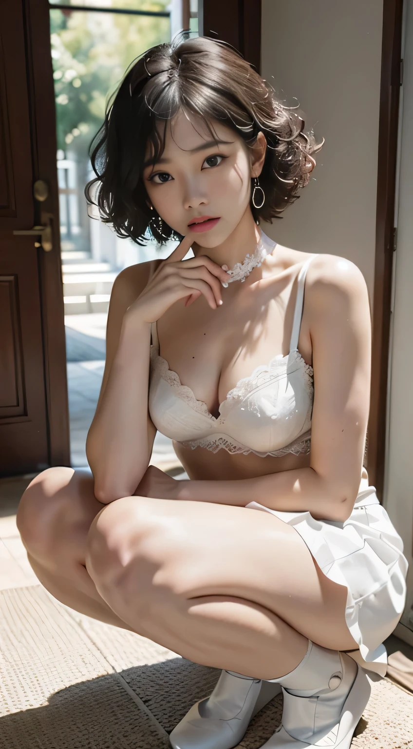 ((medium bust, Soft girl, small head)), Sunlight, Sunlight, (Perfect body: 1.1), (young), (short curly hair: 1.2), collar, full-body shot, crowded streets, ((mini skirt)), (Extremely detailed CG 8k wallpaper), (extremely delicate and beautiful), (masterpiece), (best quality: 1.0), (ultra high resolution: 1.0), beautiful lights, Hard nipples, perfect lightning, Pull up your skirt, Realistic shadows, [high resolution],  delicate skin, super detailed, thigh展开, One leg up, squat on the floor, 黑色thigh，white cotton socks, big earrings, thigh, ((color)))), (Loose frayed top), Beauty brands, bottom corner, black hair, yellow eyes,White lace bra,white silk,