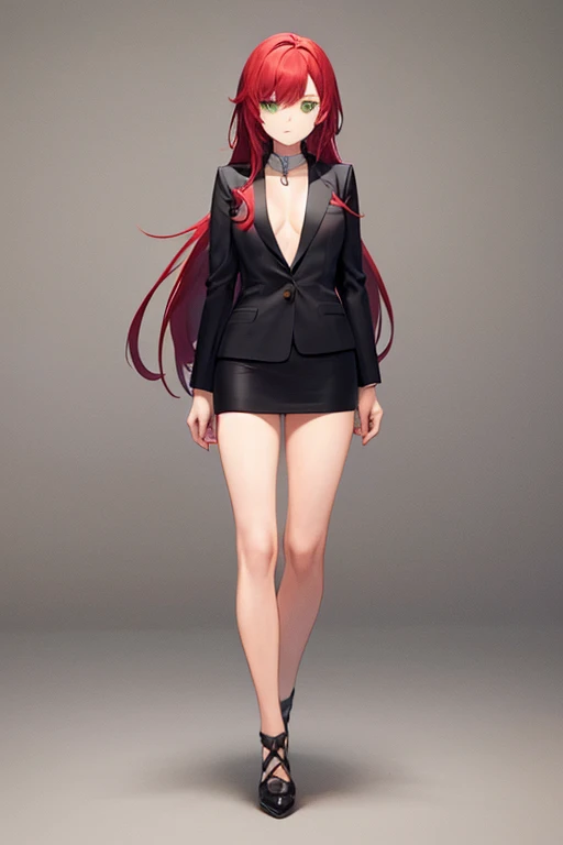1 girl, ( red hair, long hair, green eyes) black blazer, 80's anime style, full body, medium layered hairstyle,