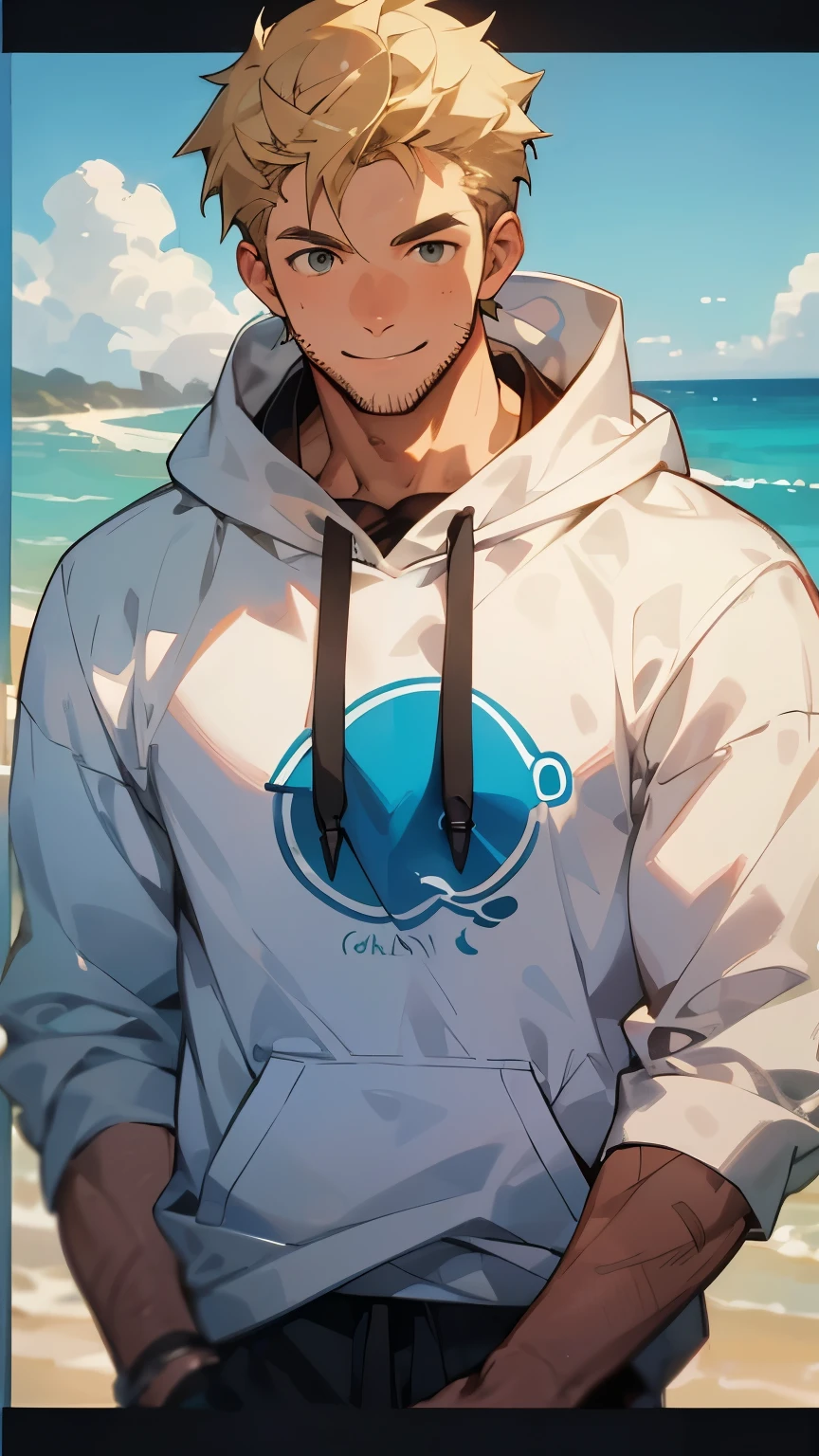 masterpiece, 最high quality, high quality, man 1、30 years old、alone, male focus,　looking at the camera、smiling、muscular physique、sport mowing、blonde、wearing a hoodie、surfer、sandy beach、Ocean、