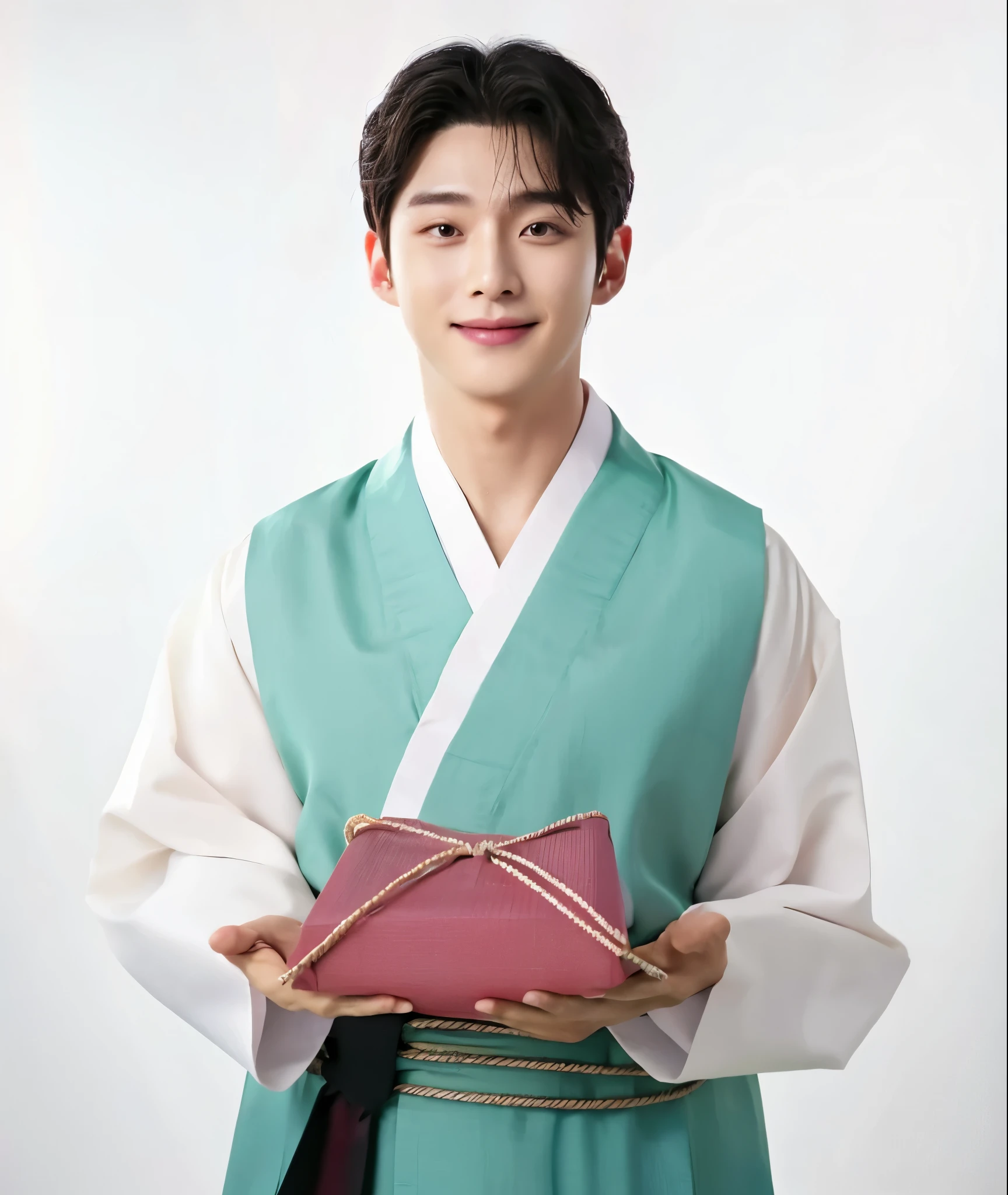 （In reality， high resolution：1.3）, wearing hanbok 30 years old korean man, hanbok, very handsome, manly eyes, (photo realistic:1.4),(masterpiece, 8K, best quality, ultra detailed),studio shoot,pictorial,photography, Ultra-Detailed Face, Detailed Lips, normal hand, simple background, 남자다운 얼굴,looking at viewer, smile

