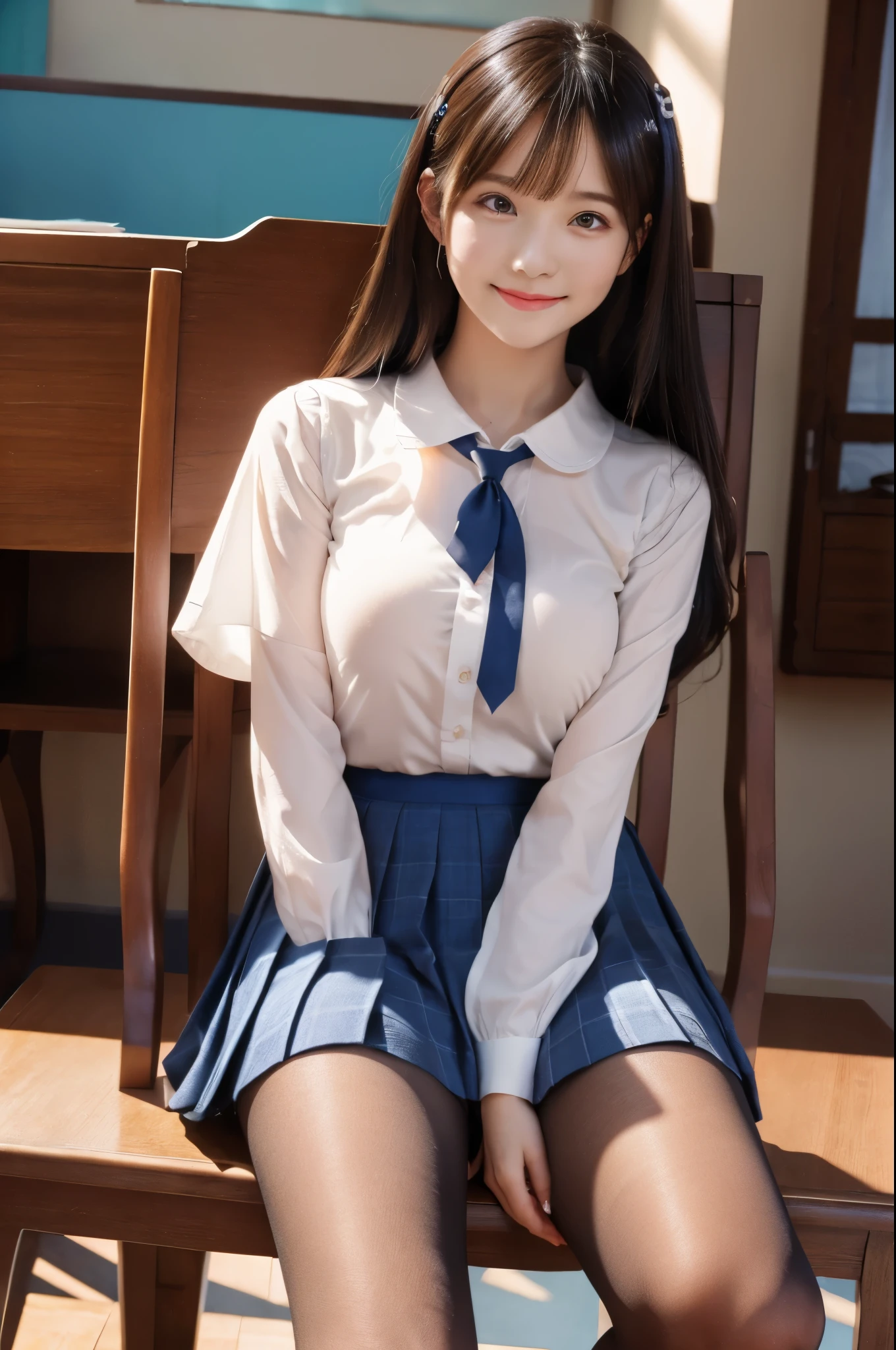 Ulchan-6500-v1.1, (RAW photo:1.2), (Photoreal), beautiful detailed girl, (See-through:1.3), (genuine: 1.4), very detailed目と顔, beautiful and fine eyes, sit on a chair with your legs apart、(super realistic pantyhose:1.3), dark blue skirt、leather shoes、classroom、long hair、whole body、huge file size, High resolution, very detailed, highest quality, [masterpiece:1.6], enlightenment, very detailed, nffsw, finely, highest quality, 8k wallpaper, movie lighting, 1 girl, 17 years old, perfect body shape, Cute droopy eyes、beautiful big eyes、Pieck finger, ((table top)), highest quality, 1 girl, eye shadow, ((full body shot:1.2))、(very affectionate smile:1.2)、