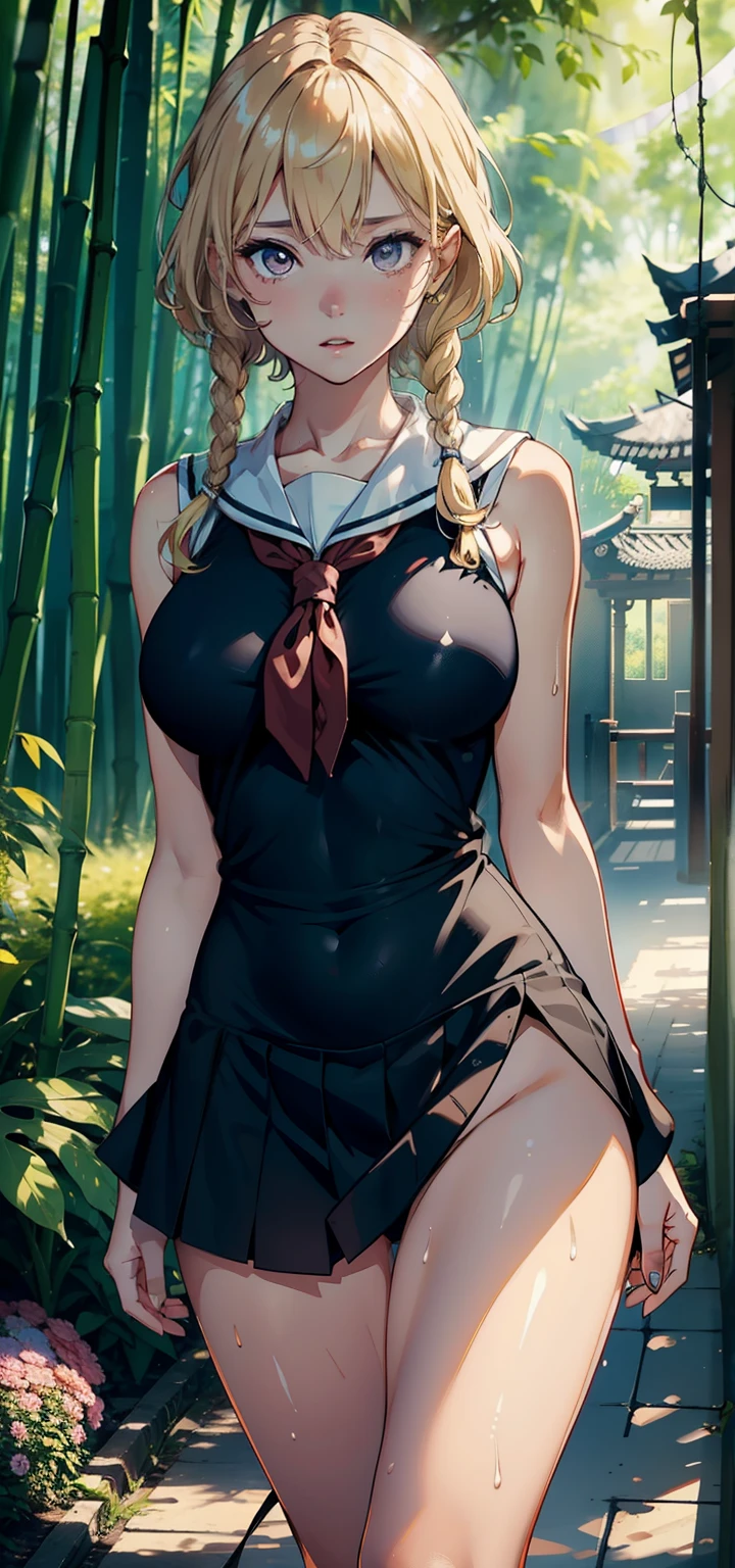 1female,25 age old,Slim,Large breasts,long leges,Big breasts Thin waist,Pornographic exposure, 独奏,(Background with:bamboo forrest,Stand in a sea of flowers,in summer) She has short blonde hair,standing on your feet,Sweat profusely,drenched all over the body,seen from the front, Twist braids,(((tmasterpiece),(Very detailed CG unity 8K wallpaper),best qualtiy,cinmatic lighting,detailed back ground,beatiful detailed eyes,Bright pupils,(Very fine and beautiful),(Beautiful and detailed eye description),ultra - detailed,tmasterpiece,)),facing at camera,A high resolution,ultra - detailed),revealing breasts,Bare genitalia, Bulge,Camel toes,Raised sexy,Flushed complexion,Open-mouthed,frontage,elementary student(Wearing:Sailor uniform,Black socks,)nakeness,upper body photos