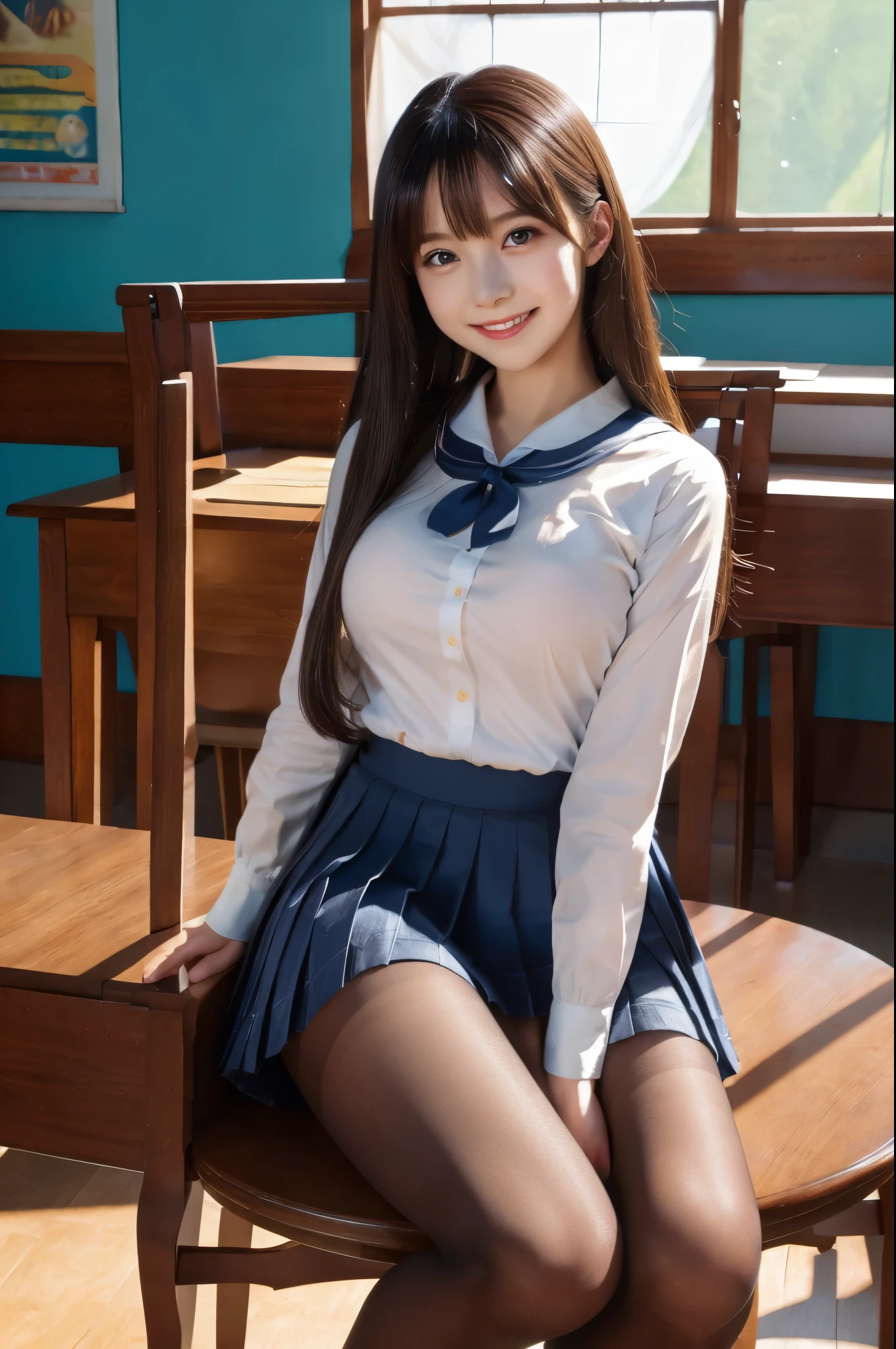 Ulchan-6500-v1.1, (RAW photo:1.2), (Photoreal), beautiful detailed girl, (See-through:1.3), (genuine: 1.4), very detailed目と顔, beautiful and fine eyes, sit on a chair with your legs apart、(super realistic pantyhose:1.3), dark blue skirt、leather shoes、classroom、long hair、whole body、huge file size, High resolution, very detailed, highest quality, [masterpiece:1.6], enlightenment, very detailed, nffsw, finely, highest quality, 8k wallpaper, movie lighting, 1 girl, 17 years old, perfect body shape, Cute droopy eyes、beautiful big eyes、Pieck finger, ((table top)), highest quality, 1 girl, eye shadow, ((full body shot:1.2))、(very affectionate smile:1.2)、