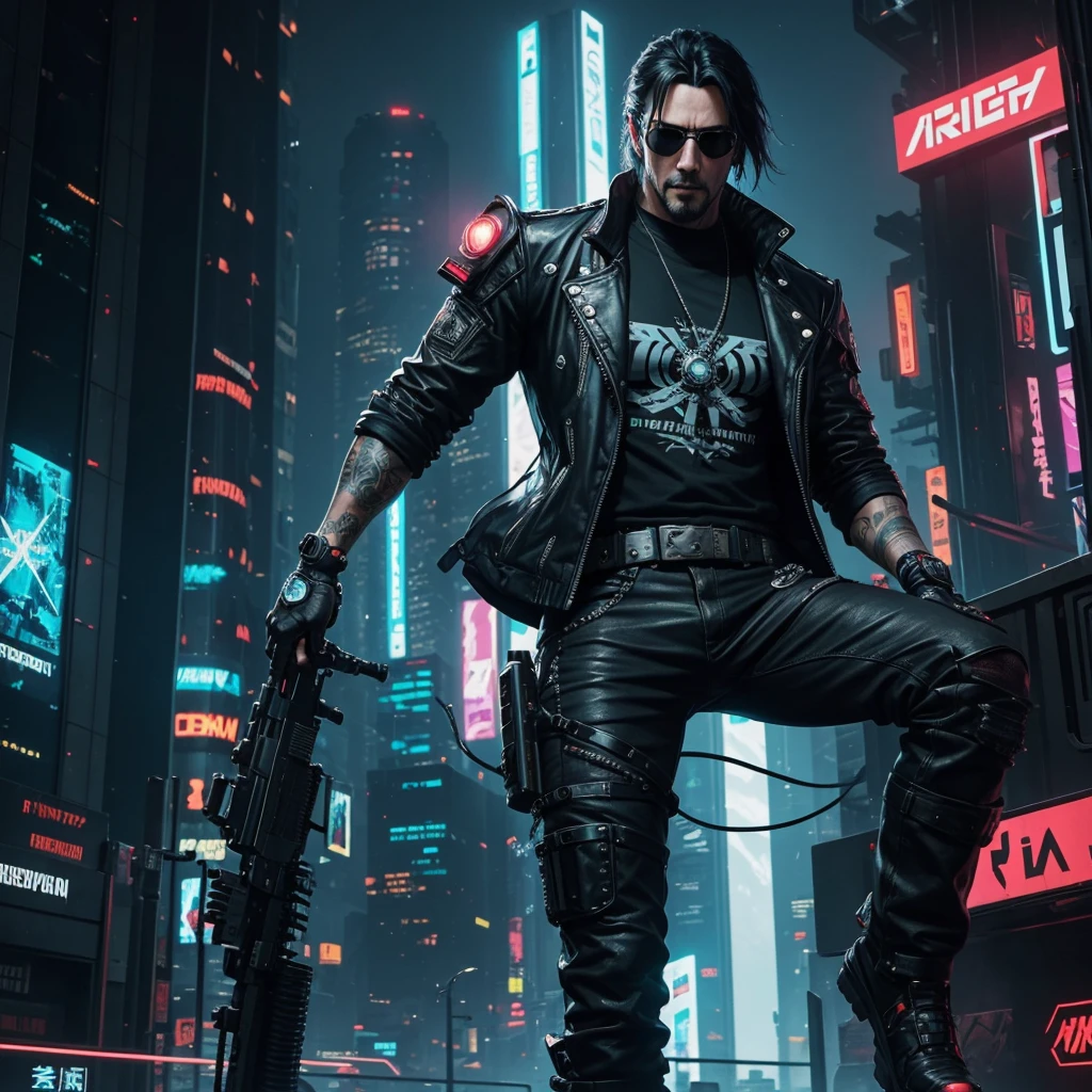 Art Prompt: Create an anime-style illustration of Johnny Silverhand from Cyberpunk 2077 with meticulous attention to detail.
Character Details:
- Johnny Silverhand, portrayed by Keanu Reeves, is the main focus.
- Capture his rebellious rocker persona, featuring his iconic silver-chrome cyberware arm prominently.
- Emphasize his edgy style, including his signature aviator sunglasses and rugged, rebellious attire.
- Pay attention to facial expressions; convey a mix of determination and defiance.
- Highlight any cybernetic enhancements on his face, maintaining a balance between human and machine elements.
Background:
- Set the scene in a dystopian, cyberpunk-inspired cityscape with neon lights and towering skyscrapers.
- Integrate elements of the digital world, such as holographic advertisements and futuristic technology.
- Create a dynamic atmosphere with a mix of rain and neon reflections to enhance the cyberpunk vibe.
- Consider incorporating iconic symbols or imagery associated with Johnny Silverhand's character, like his Samurai logo.
Color Palette:
- Use a vibrant and contrasting color palette, with a focus on neon tones to capture the cyberpunk aesthetic.
- Experiment with lighting effects to enhance the futuristic and gritty ambiance.
Mood and Tone:
- Convey a sense of rebellion and determination in Johnny's posture and facial expression.
- Balance the cool, futuristic elements with a gritty and slightly ominous atmosphere to capture the essence of the Cyberpunk genre.
Feel free to infuse your own creative interpretation while staying true to the character's essence and the cyberpunk theme.