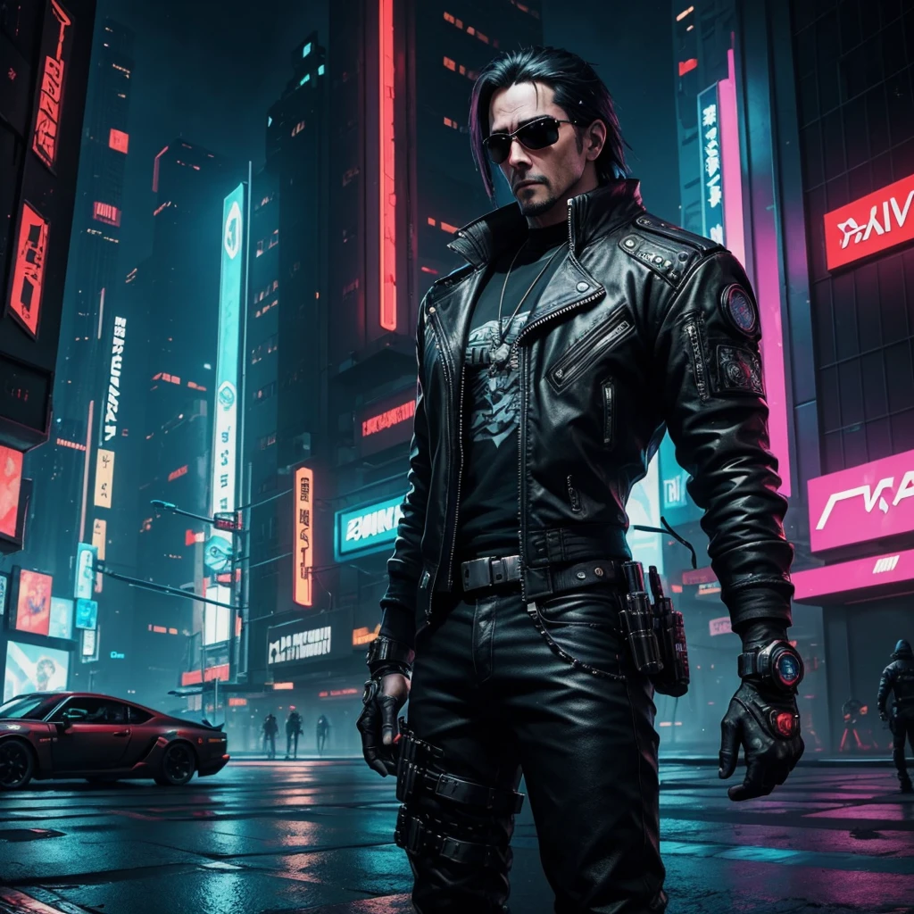 Art Prompt: Create an anime-style illustration of Johnny Silverhand from Cyberpunk 2077 with meticulous attention to detail.

Character Details:
- Johnny Silverhand, portrayed by Keanu Reeves, is the main focus.
- Capture his rebellious rocker persona, featuring his iconic silver-chrome cyberware arm prominently.
- Emphasize his edgy style, including his signature aviator sunglasses and rugged, rebellious attire.
- Pay attention to facial expressions; convey a mix of determination and defiance.
- Highlight any cybernetic enhancements on his face, maintaining a balance between human and machine elements.

Background:
- Set the scene in a dystopian, cyberpunk-inspired cityscape with neon lights and towering skyscrapers.
- Integrate elements of the digital world, such as holographic advertisements and futuristic technology.
- Create a dynamic atmosphere with a mix of rain and neon reflections to enhance the cyberpunk vibe.
- Consider incorporating iconic symbols or imagery associated with Johnny Silverhand's character, like his Samurai logo.

Color Palette:
- Use a vibrant and contrasting color palette, with a focus on neon tones to capture the cyberpunk aesthetic.
- Experiment with lighting effects to enhance the futuristic and gritty ambiance.

Mood and Tone:
- Convey a sense of rebellion and determination in Johnny's posture and facial expression.
- Balance the cool, futuristic elements with a gritty and slightly ominous atmosphere to capture the essence of the Cyberpunk genre.

Feel free to infuse your own creative interpretation while staying true to the character's essence and the cyberpunk theme.