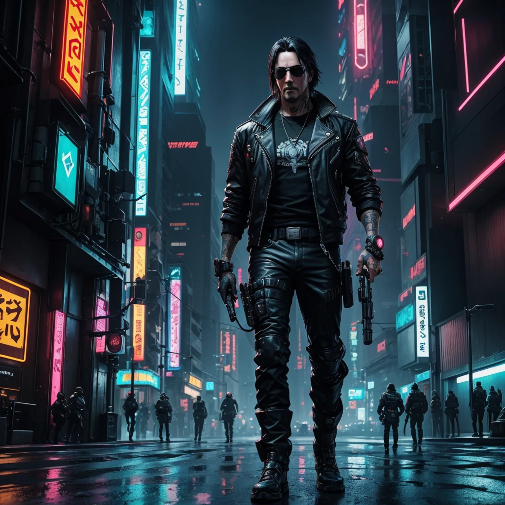 Art Prompt: Create an anime-style illustration of Johnny Silverhand from Cyberpunk 2077 with meticulous attention to detail.
Character Details:
- Johnny Silverhand, portrayed by Keanu Reeves, is the main focus.
- Capture his rebellious rocker persona, featuring his iconic silver-chrome cyberware arm prominently.
- Emphasize his edgy style, including his signature aviator sunglasses and rugged, rebellious attire.
- Pay attention to facial expressions; convey a mix of determination and defiance.
- Highlight any cybernetic enhancements on his face, maintaining a balance between human and machine elements.
Background:
- Set the scene in a dystopian, cyberpunk-inspired cityscape with neon lights and towering skyscrapers.
- Integrate elements of the digital world, such as holographic advertisements and futuristic technology.
- Create a dynamic atmosphere with a mix of rain and neon reflections to enhance the cyberpunk vibe.
- Consider incorporating iconic symbols or imagery associated with Johnny Silverhand's character, like his Samurai logo.
Color Palette:
- Use a vibrant and contrasting color palette, with a focus on neon tones to capture the cyberpunk aesthetic.
- Experiment with lighting effects to enhance the futuristic and gritty ambiance.
Mood and Tone:
- Convey a sense of rebellion and determination in Johnny's posture and facial expression.
- Balance the cool, futuristic elements with a gritty and slightly ominous atmosphere to capture the essence of the Cyberpunk genre.
Feel free to infuse your own creative interpretation while staying true to the character's essence and the cyberpunk theme.