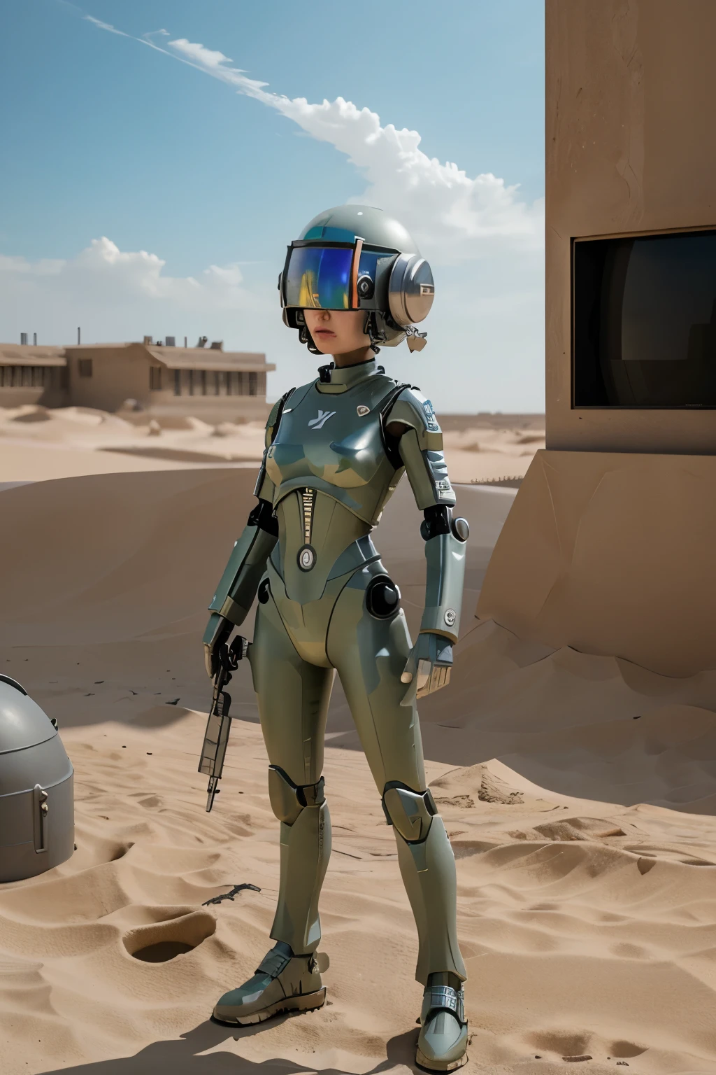 science fiction desert setting, biological entity with skin coupled to extraterrestrial white metallic systems with a robotic-looking suit with futuristic devices and very detailed and futuristic weapons, in a science fiction environment about a very mysterious alien desert.