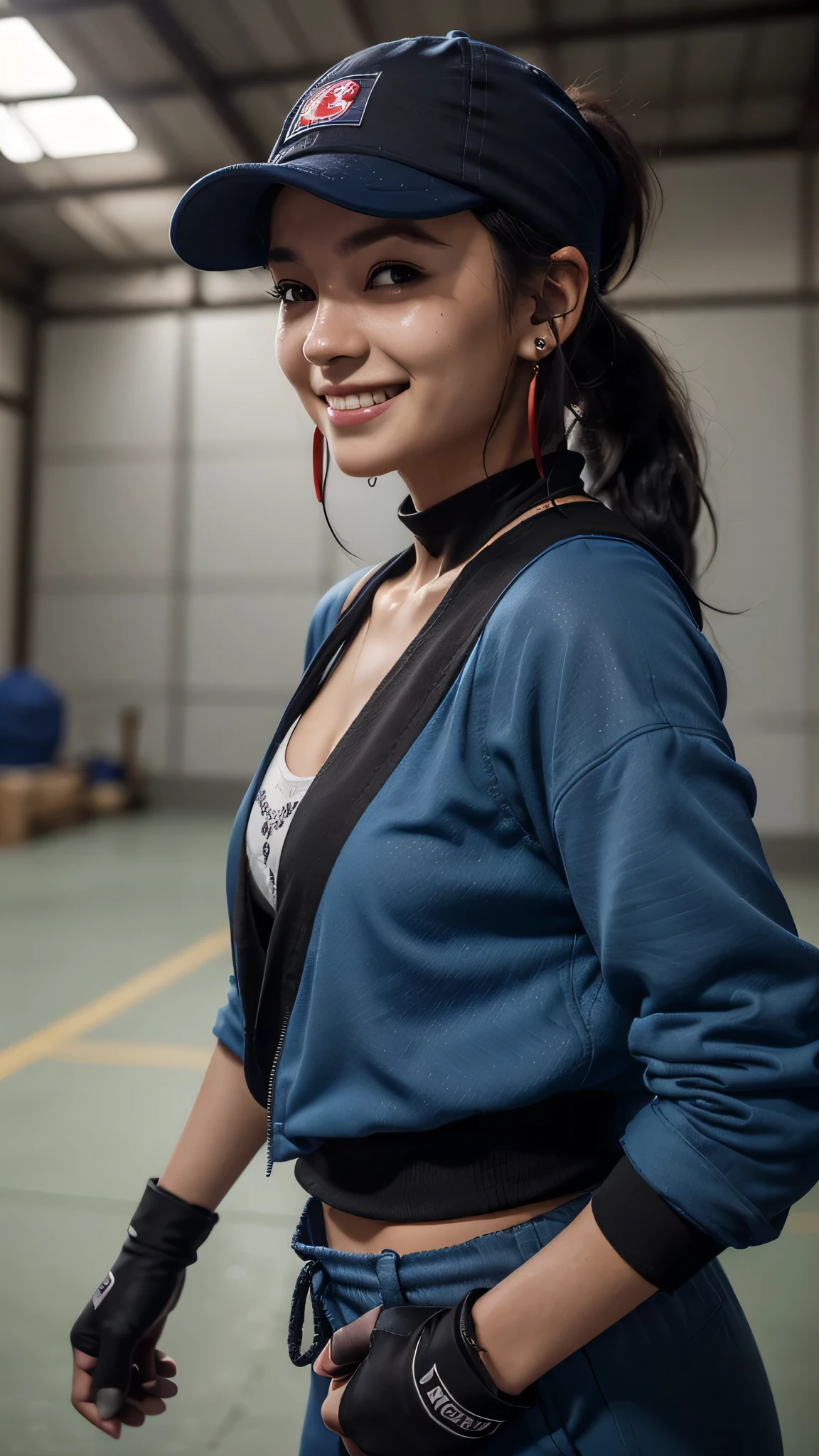 最high quality、best image quality、masterpiece、teenage girl((18-year-old、 By becoming、vest bust、medium bust,wide open breast tea、black eye, black hair、ponytail、thin,highest valley、Perforated gloves、blue earrings、bandana、black stretch work clothes、red work pants、have work tools、the whole body gets dirty、At work、cute smile、sweating、wrap the jacket around your waist、blue cap hat、Random movement)),high quality、beautiful art、background((fighter jet、hangar)),debris flies、Depth of written boundary、movie、visual art、perfect art、8K,genuine