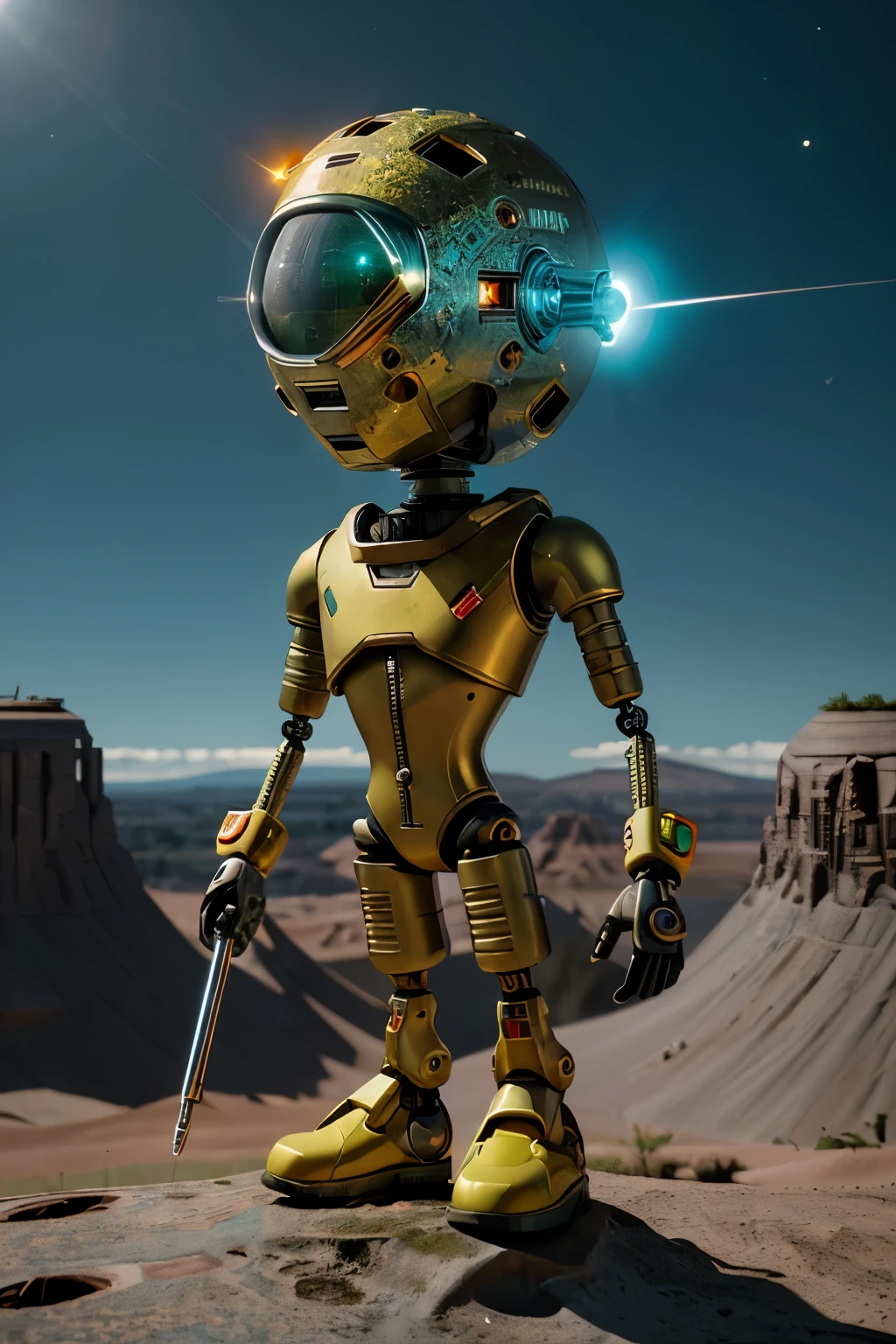 A Modern flat toon Crazy whit a Only Eye Robot and helmet Style, tongs in hands, Tv head, pinhead, camouflage Cyan Yellow Rusty, Ambient in a meteorite crater super detailed, center, beautiful, soft lighting, focused on the character, 4K resolution, photorealistic rendering.