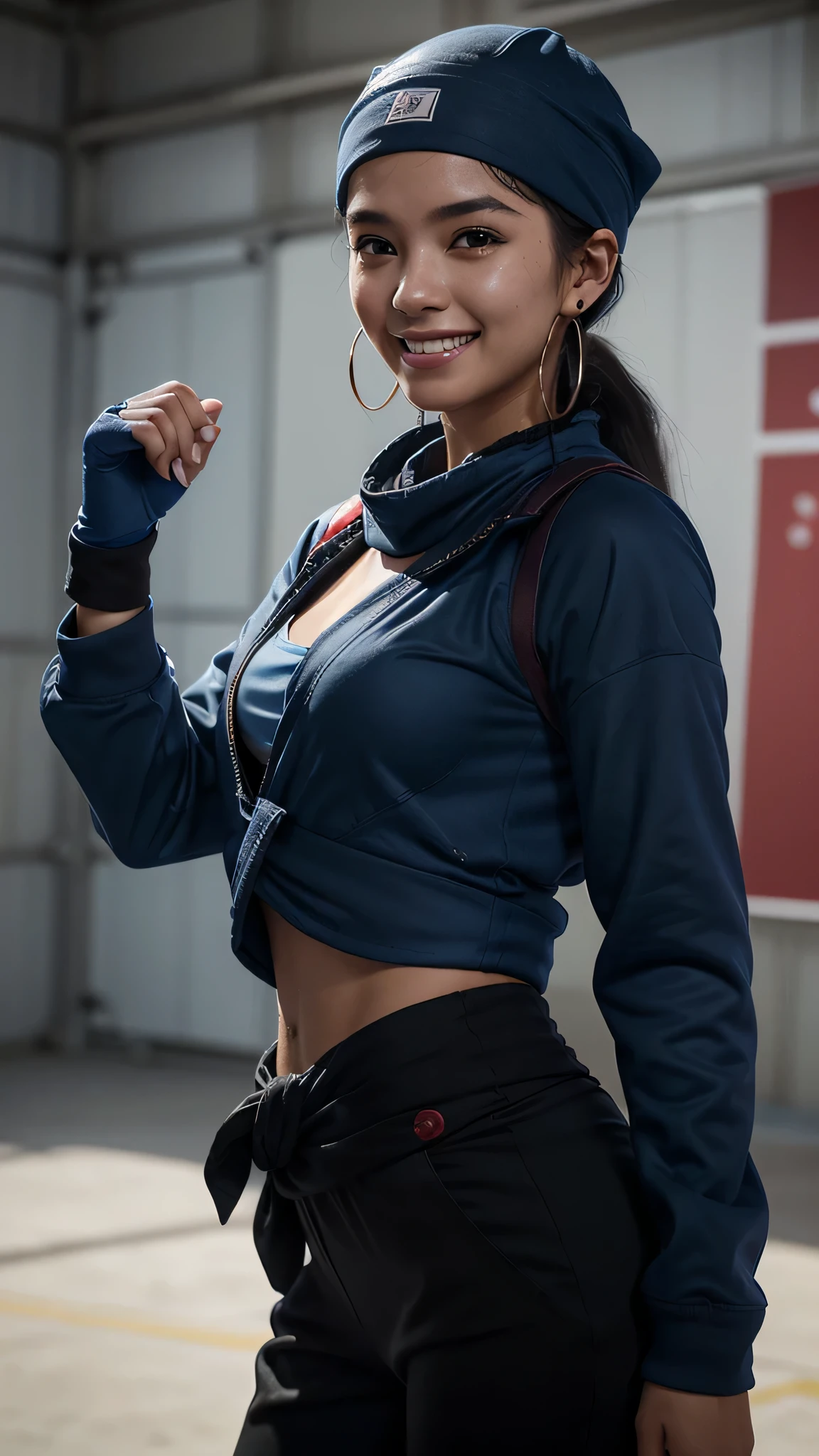 最high quality、best image quality、masterpiece、teenage girl((18-year-old、 By becoming、vest bust、medium bust,wide open breast tea、black eye, black hair、ponytail、thin,highest valley、Perforated gloves、blue earrings、bandana、black stretch work clothes、red work pants、have work tools、the whole body gets dirty、At work、cute smile、sweating、wrap the jacket around your waist、blue cap hat、Random movement)),high quality、beautiful art、background((fighter jet、hangar)),debris flies、Depth of written boundary、movie、visual art、perfect art、8K,genuine
