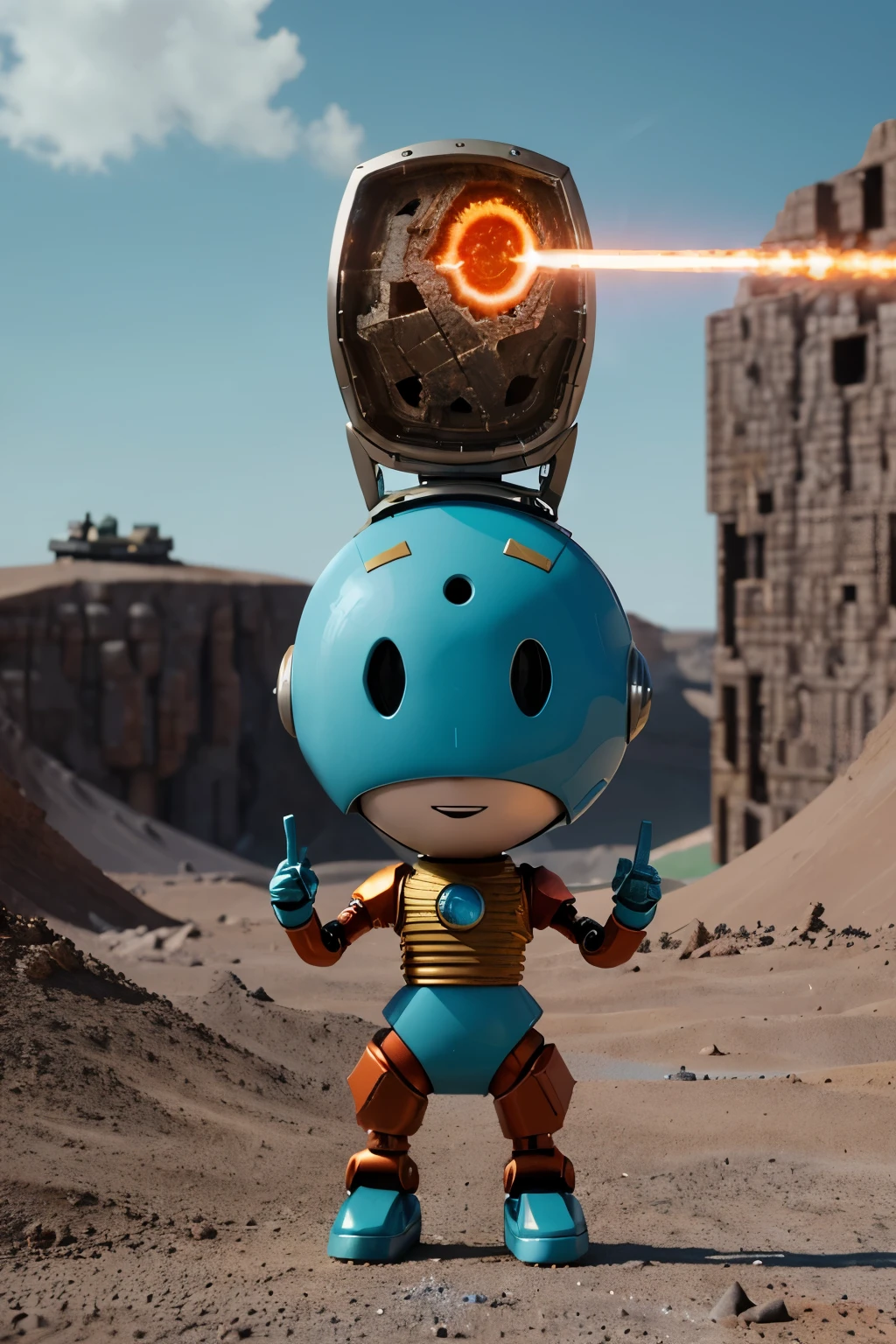 A Modern flat toon Crazy whit a Only Eye Robot and helmet Style, tongs in hands, Tv head, pinhead, camouflage Cyan Yellow Rusty, Ambient in a meteorite crater super detailed, center, beautiful, soft lighting, focused on the character, 4K resolution, photorealistic rendering.