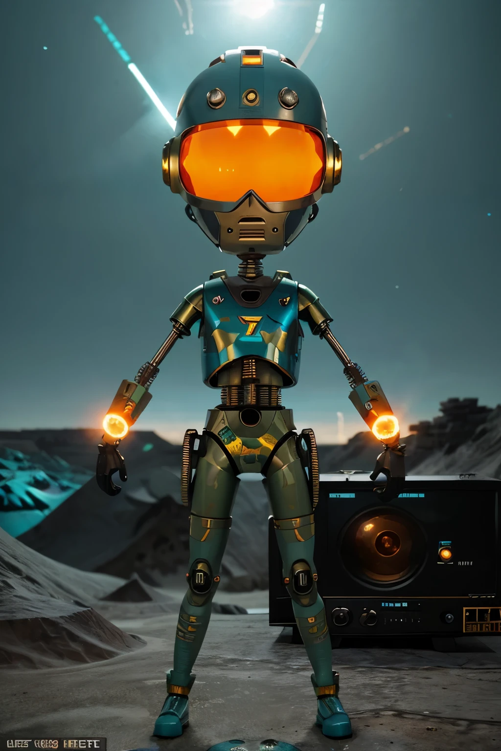 A Modern flat toon Crazy whit a Only Eye Robot and helmet Style, tongs in hands, Tv head, pinhead, camouflage Cyan Yellow Rusty, Ambient in a meteorite crater super detailed, center, beautiful, soft lighting, focused on the character, 4K resolution, photorealistic rendering.