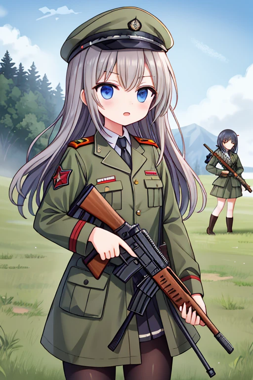 girls in military uniform, holding weapons, on the battlefield