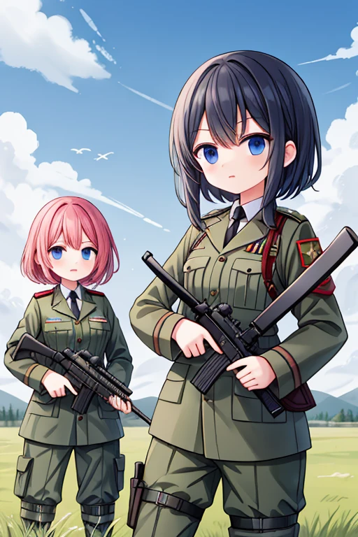 girls in military uniform, holding weapons, on the battlefield