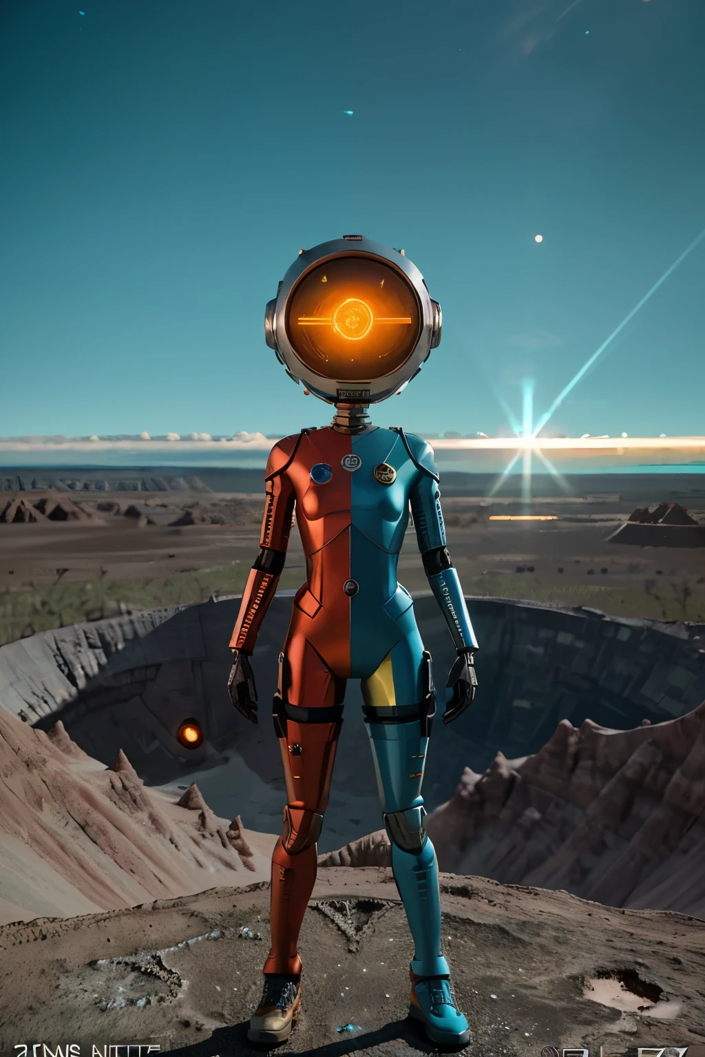 A Modern flat toon Crazy whit a Only Eye Robot and helmet Style, tongs in hands, Tv head, pinhead, camouflage Cyan Yellow Rusty, Ambient in a meteorite crater super detailed, center, beautiful, soft lighting, focused on the character, 4K resolution, photorealistic rendering.