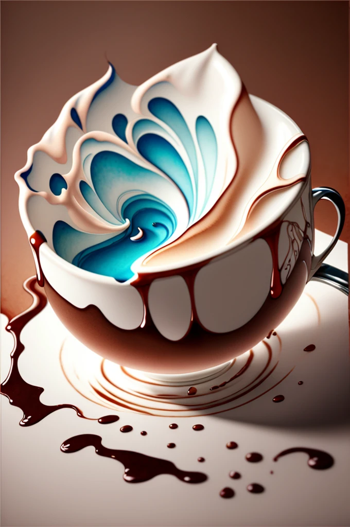 Watercolor of a coffee cup mid-spill, liquid morphing into a rose, frozen in time, color palette of silver and brown, close-up perspective, Greg Rutkowski style, showcasing hyper-realistic shadows and light, 32k resolution, studio photo aesthetics, sharp focus, intricate details, trending on ArtStation, highly detailed, ultra quality.