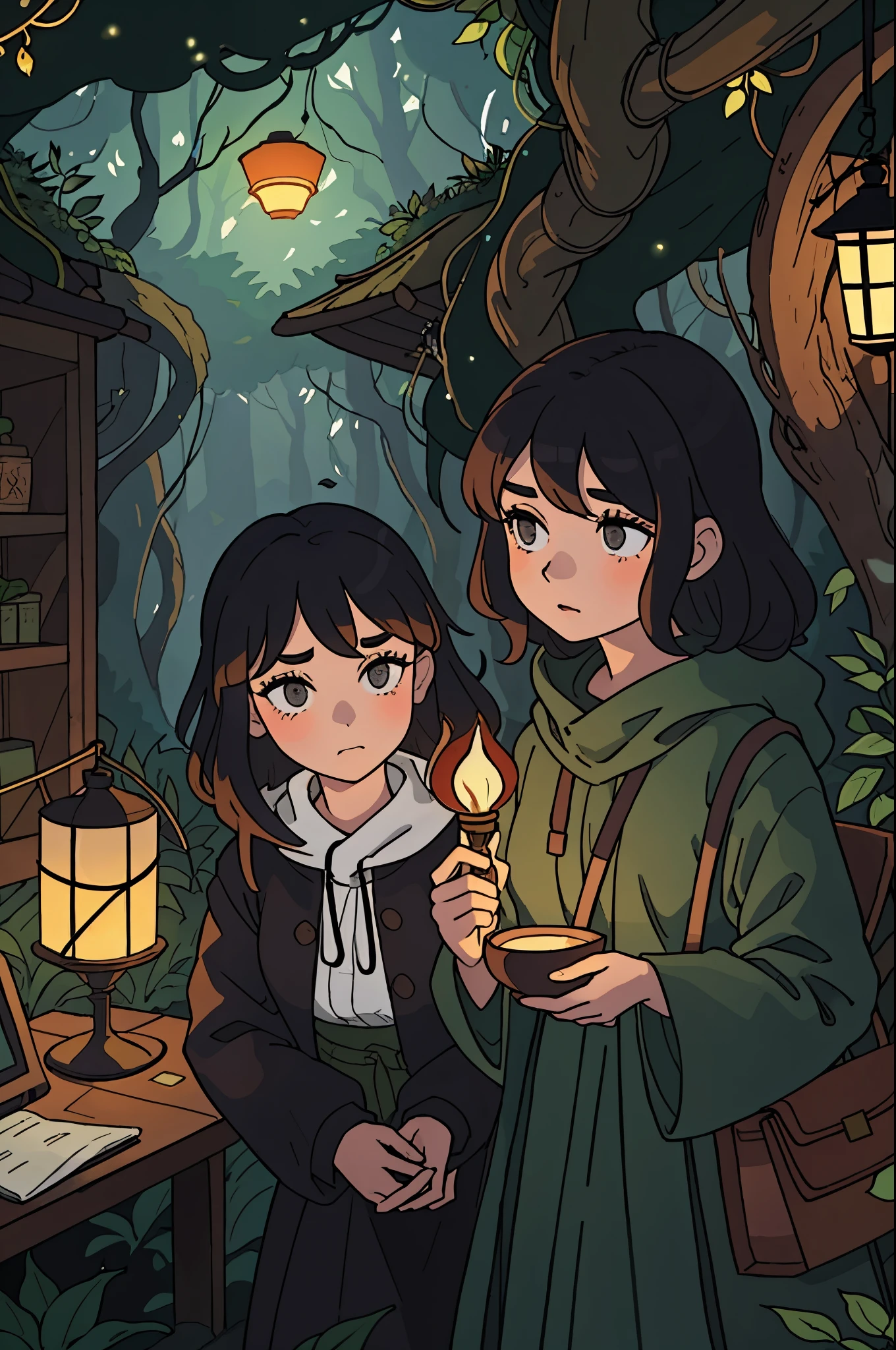 In the heart of a dense forest, hidden from prying eyes, lies a secret base. The scene comes to life with the warm glow of lanterns peeking through the foliage, casting intriguing shadows on the moss-covered ground. Two figures huddled around a table, their faces illuminated by the soft light of their makeshift workstation.

The girl, with dark curls cascading down her shoulders and eyes as umber as the forest floor, scrutinized a map spread out before her. Her brow furrowed with intense concentration, the mood of quiet determination settling over her. A knotted cherrywood staff leaned against the tree trunk next to her, serving