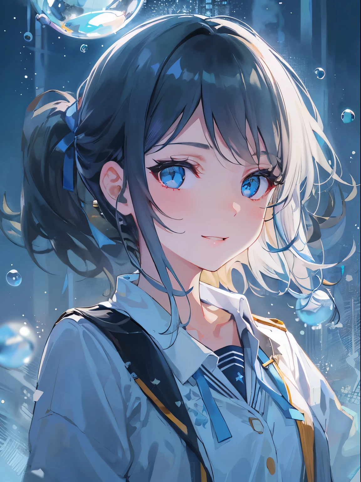 ((top-quality)), ((masterpiece)), ((ultra-detailliert)), (extremely delicate and beautiful), girl with, 独奏, cold attitude,((Black jacket)),She is very(relax)with the(Settled down)Looks,A dark-haired, depth of fields,evil smile,Bubble, under the water, Air bubble,bright light blue eyes,Inner color with black hair and light blue tips,Cold background,Bob Hair - Linear Art, shortpants、knee high socks、White uniform like school uniform、Light blue ribbon ties、Clothes are sheer、Hands in pockets、Ponytail hair、