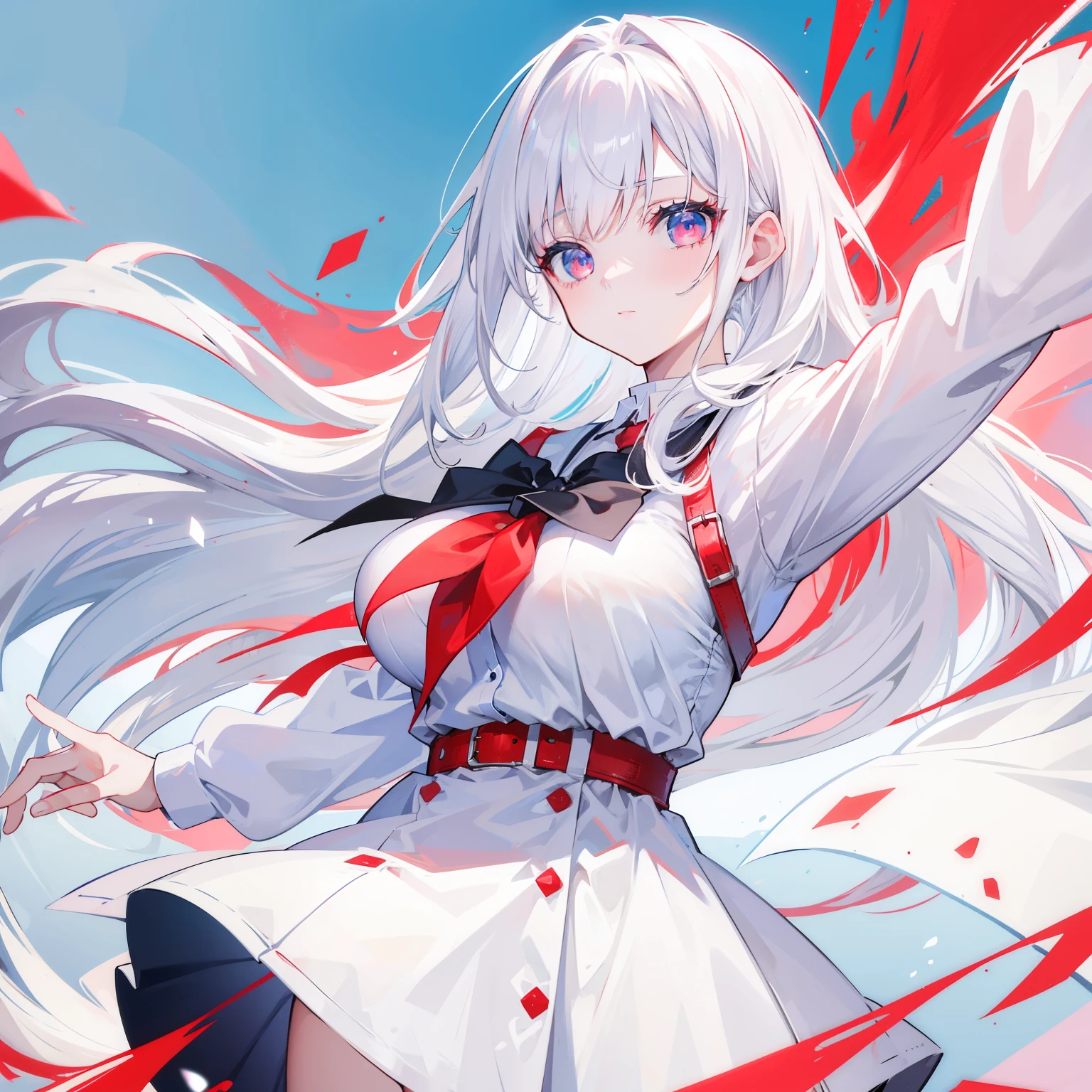 4K, Best quality, schoolgirls, White color hair, mid - length hair, red color eyes, sky blue shirt, White dress，anime big breast,Do not show your hands