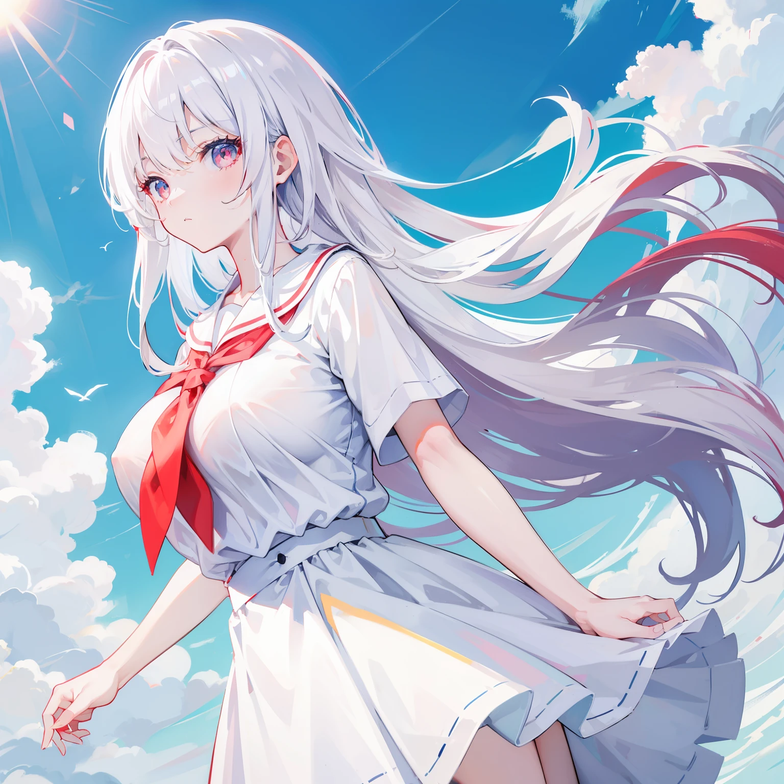 4K, Best quality, schoolgirls, White color hair, mid - length hair, red color eyes, sky blue shirt, White dress，anime big breast,Do not show your hands