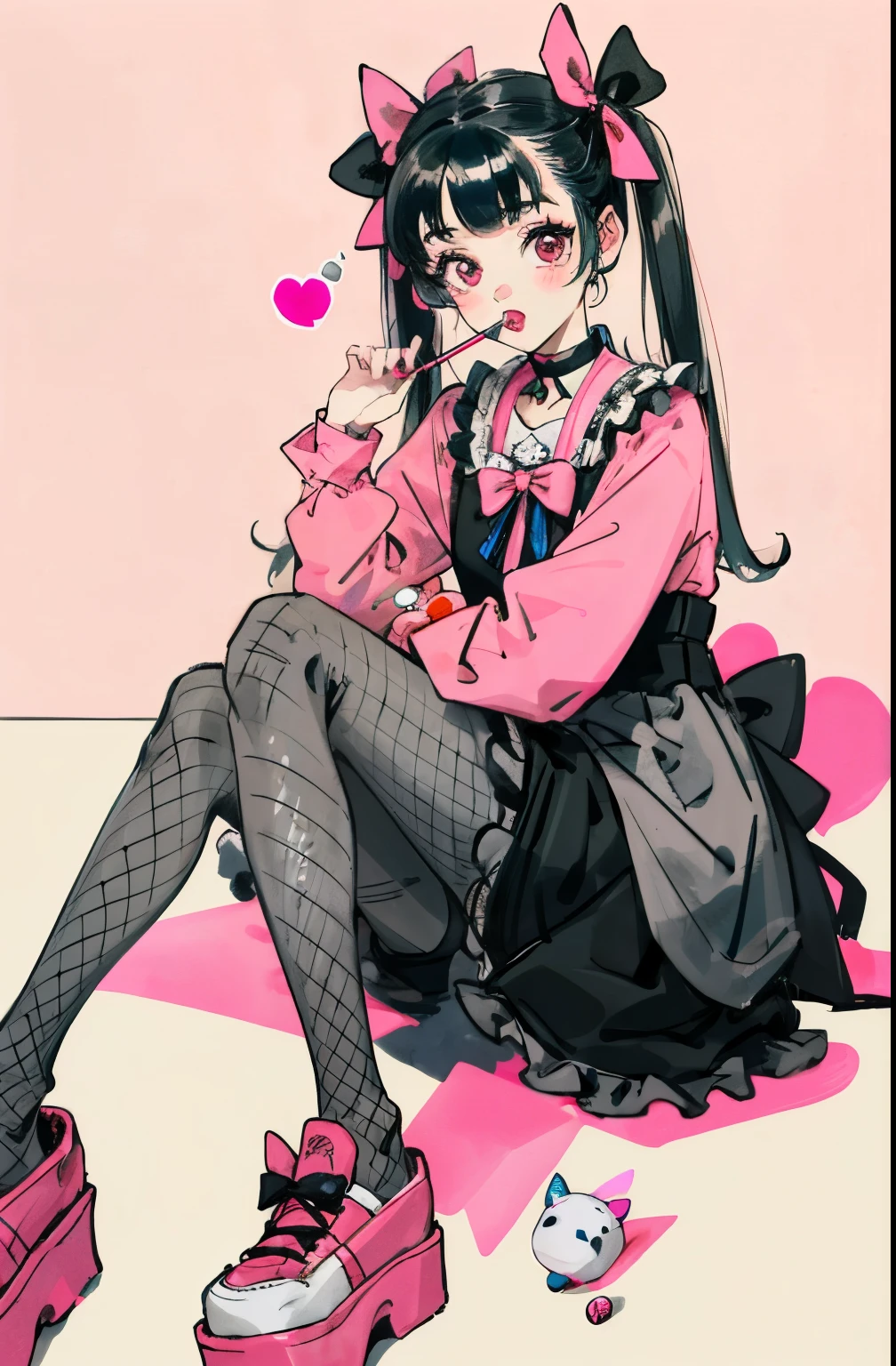 masterpiece, best quality, (jirai_kei),1girl, solo, long_hair, looking_at_viewer, shirt, black_hair, long_sleeves, bow, ribbon, twintails, sitting, monochrome, hair_bow, heart, pantyhose, frills, food, shoes, choker, blunt_bangs, black_skirt, pink_eyes, stuffed_toy, pink_background, stuffed_animal, frilled_skirt, pink_bow, (fishnets), candy, bandaid, pink_shirt, teddy_bear, lollipop, (fishnet_pantyhose), platform_footwear, pink_theme, pill, heart-shaped pupils,