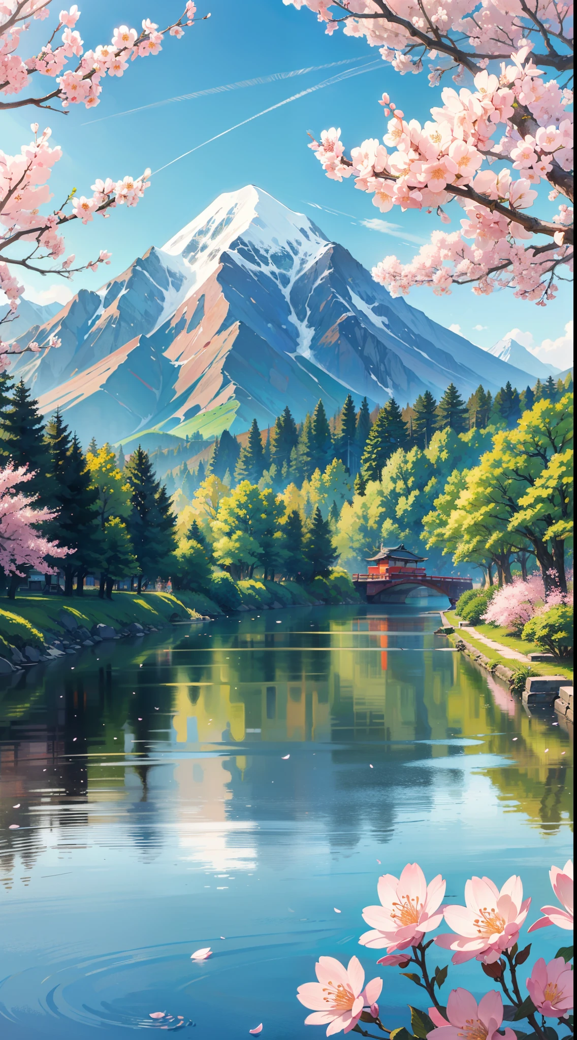 A spring landscape inspired by Japanese art, with a flowering field filled with cherry blossoms. The sun shines in the clear blue sky, illuminating the landscape with a soft light. On the bank of the river, there is a small red boat anchored, swaying gently in the water. In the background, a majestic mountain rises above the landscape.
